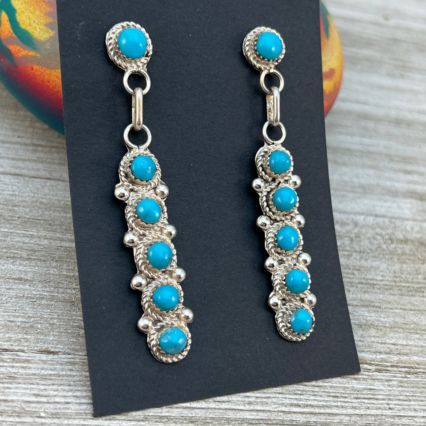 Turquoise Zuni Large Snake Eye bar drop earrings #1, Sterling silver