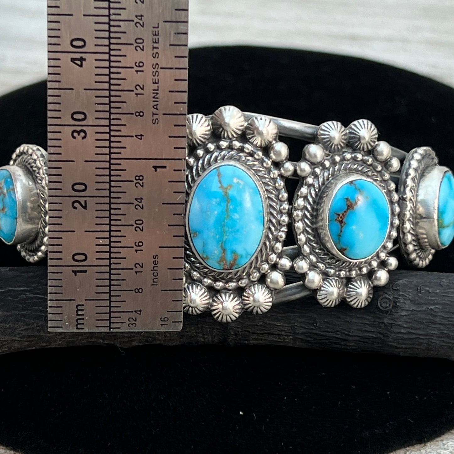 Blue Kingman turquoise cuff bracelet Navajo handmade signed, Tom Lewis sterling silver