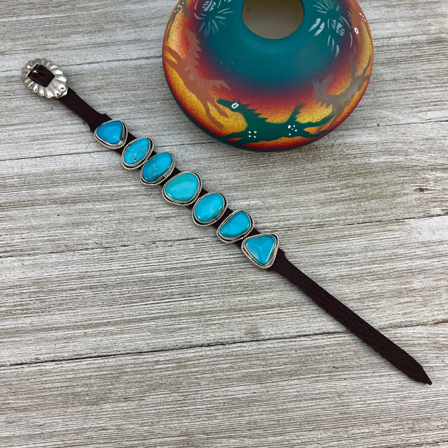 Real Turquoise leather Sterling silver bracelet #2, adjustable Navajo Marlene Ramone