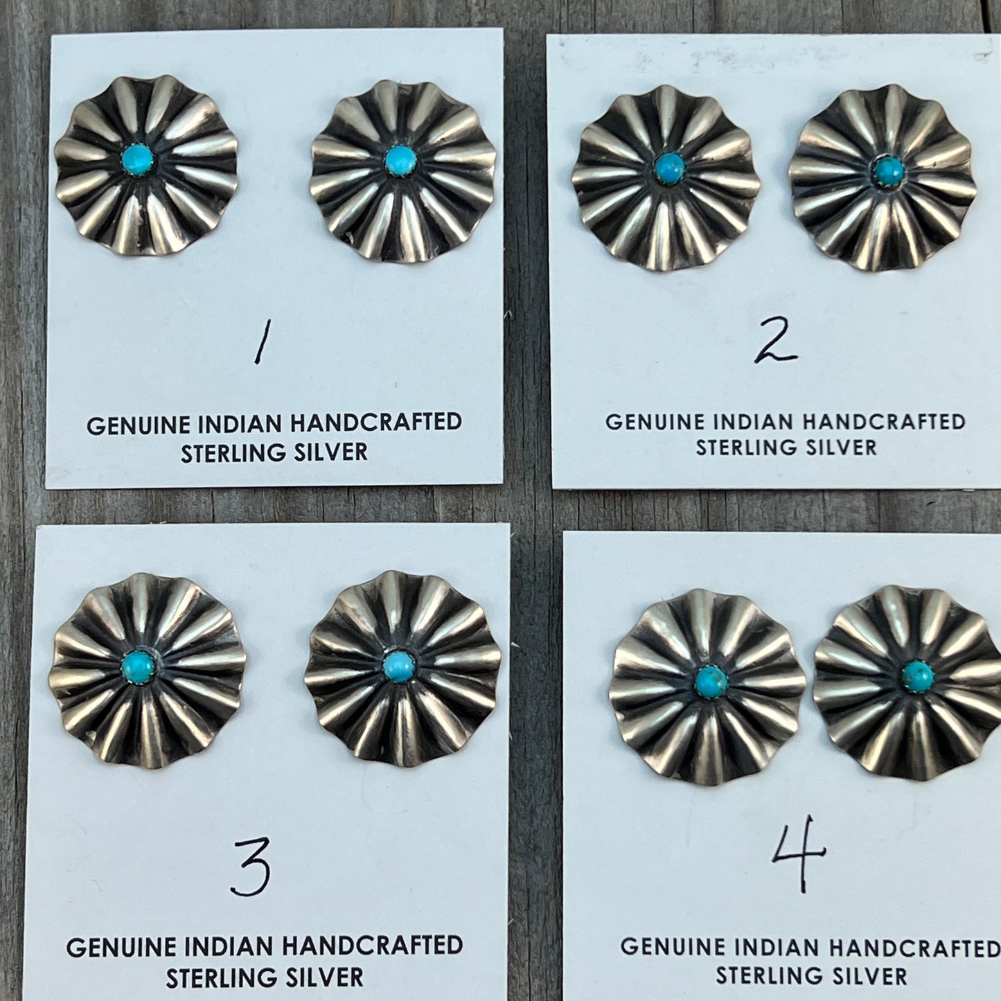 1" lightweight Corrugated stamped turquoise concho earrings Sterling silver Arlene Soce 657