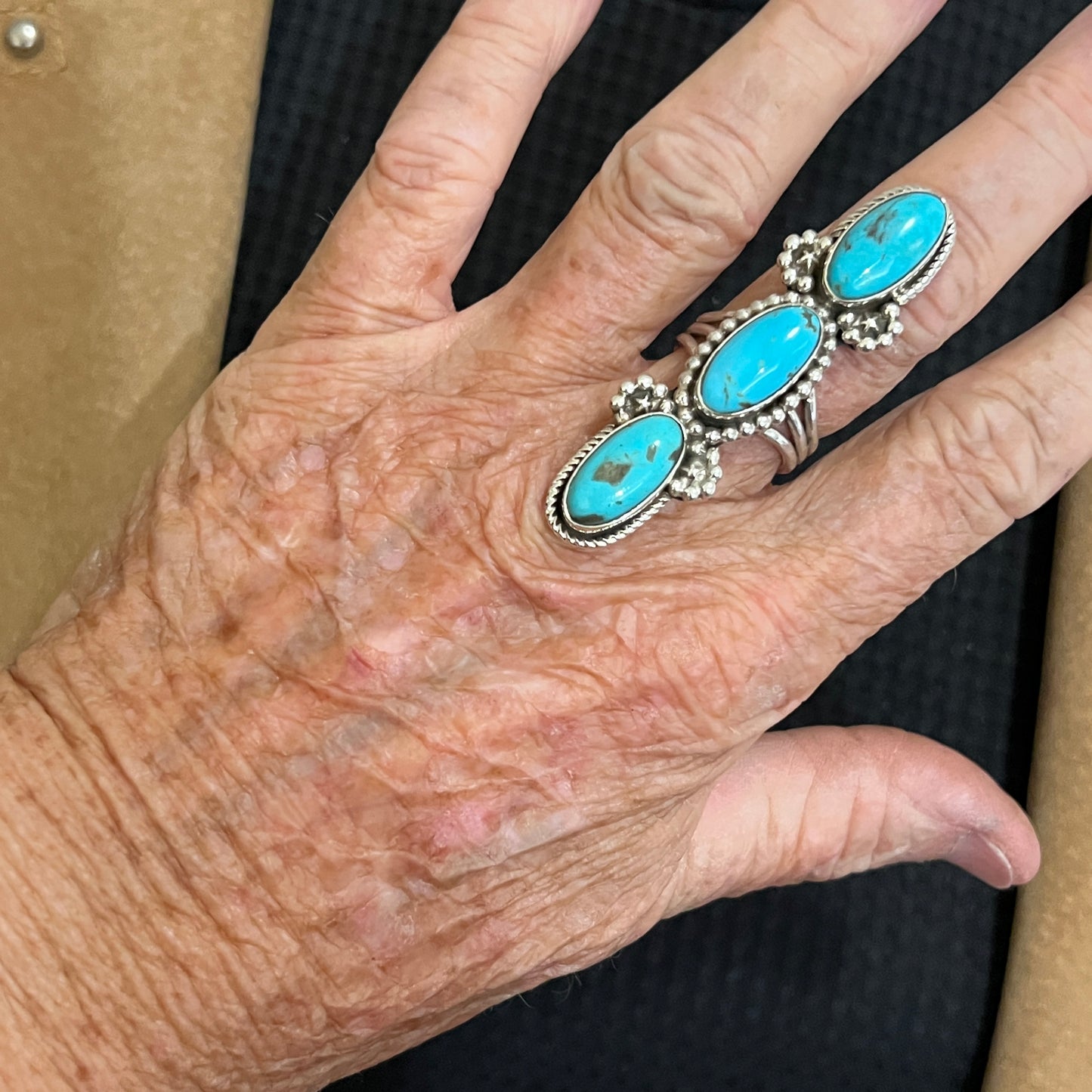 Size 8 Blue Campitos turquoise sterling silver long pointer ring Harold Becenti 488