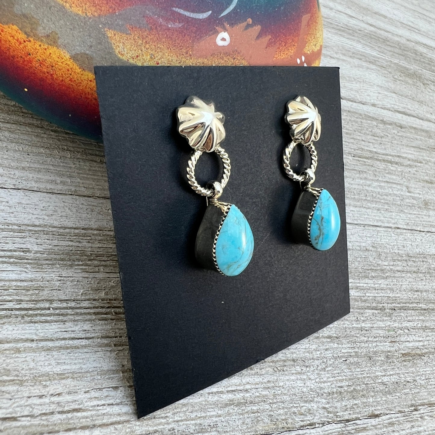 Turquoise teardrop dangle earrings #4, with small concho button post, sterling silver, Kingman Turquoise, Navajo handmade by Sheena Jack