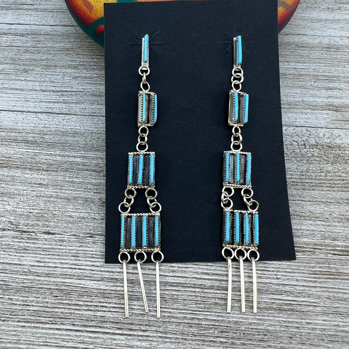 Zuni Needlepoint Turquoise Chandelier long Earrings, Sterling Silver, Ashley Laate