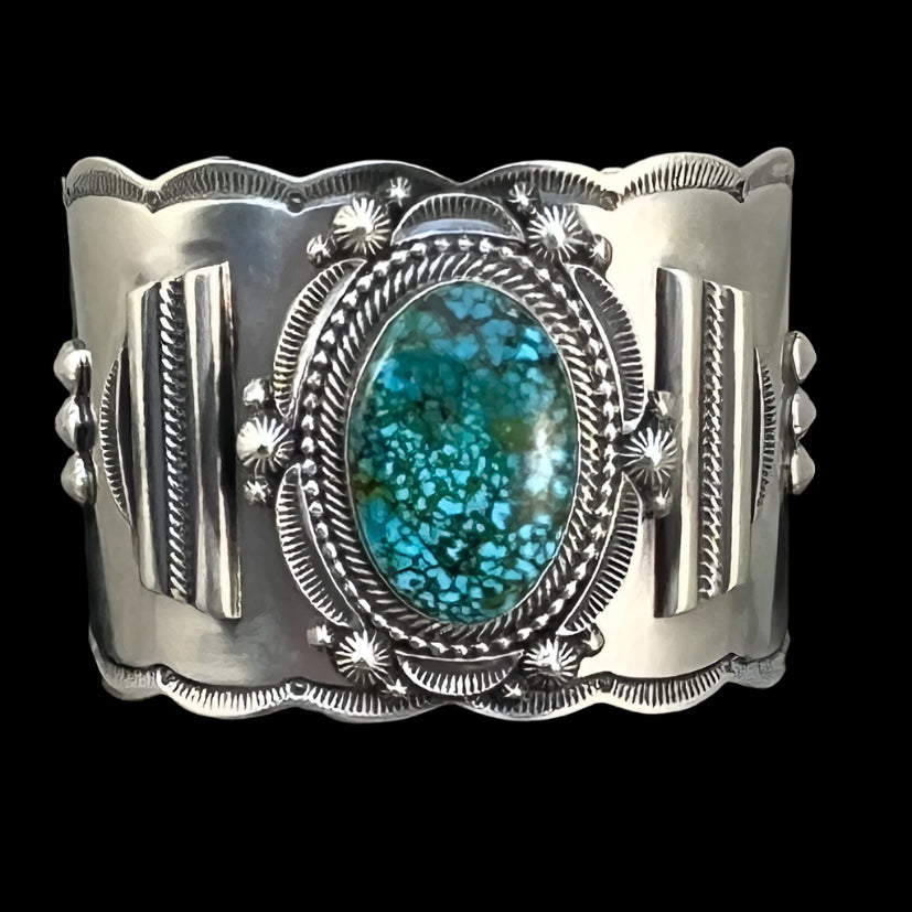 Spiderweb Kingman Turquoise Cuff Bracelet, Sterling Silver Navajo 6 1/2" Tom Lewis