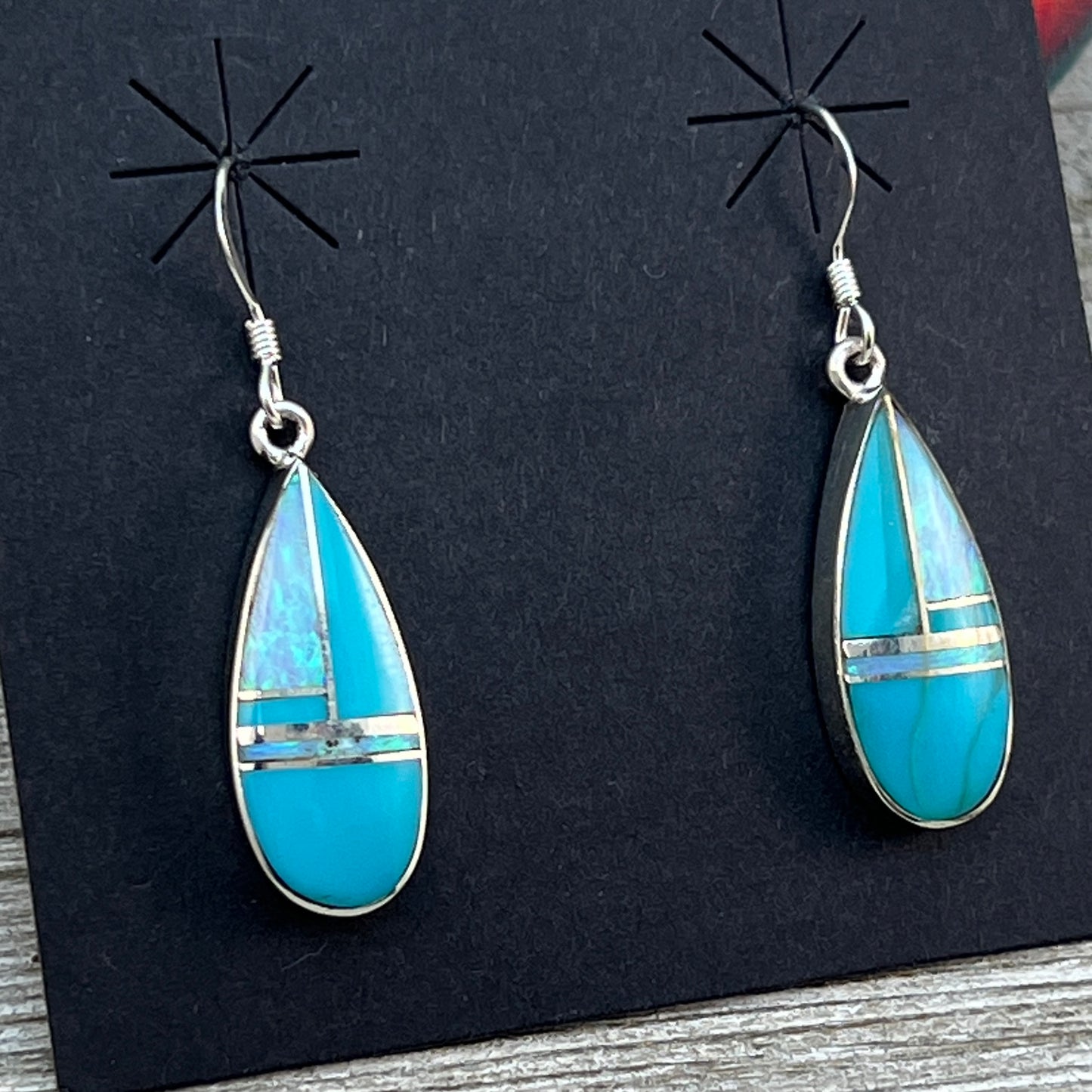 Inlay teardrop dangle earrings Turquoise opal Navajo handmade James Manygoats