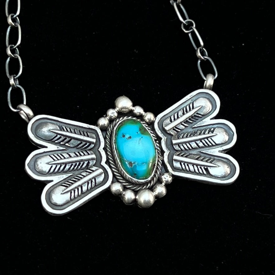 17 1/2"Sonoran Turquoise Necklace Feather sterling silver Navajo Verley Betone boho 2