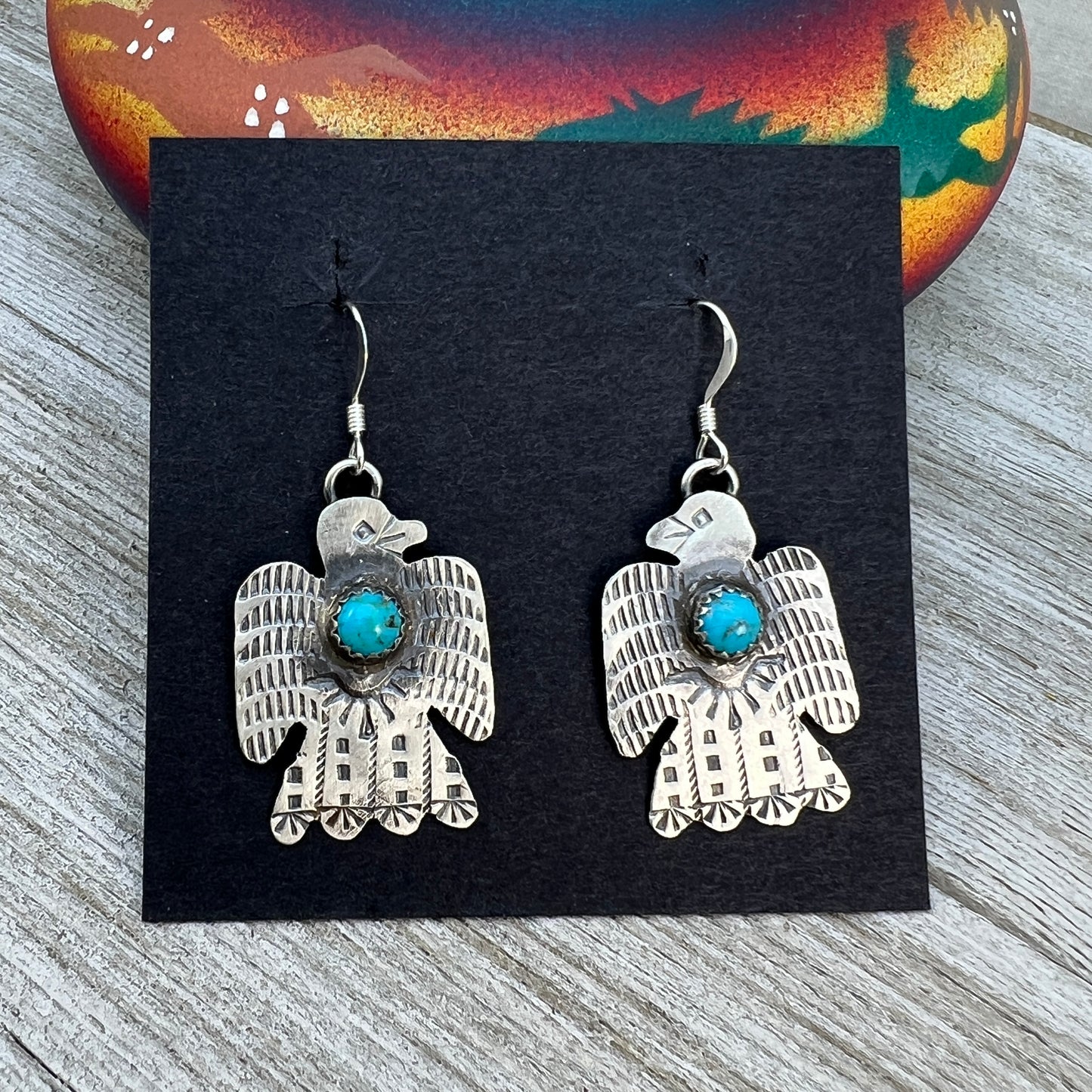 Lightweight rustic Thunderbird dangle earrings turquoise sterling silver Gabrielle Yazzie 8