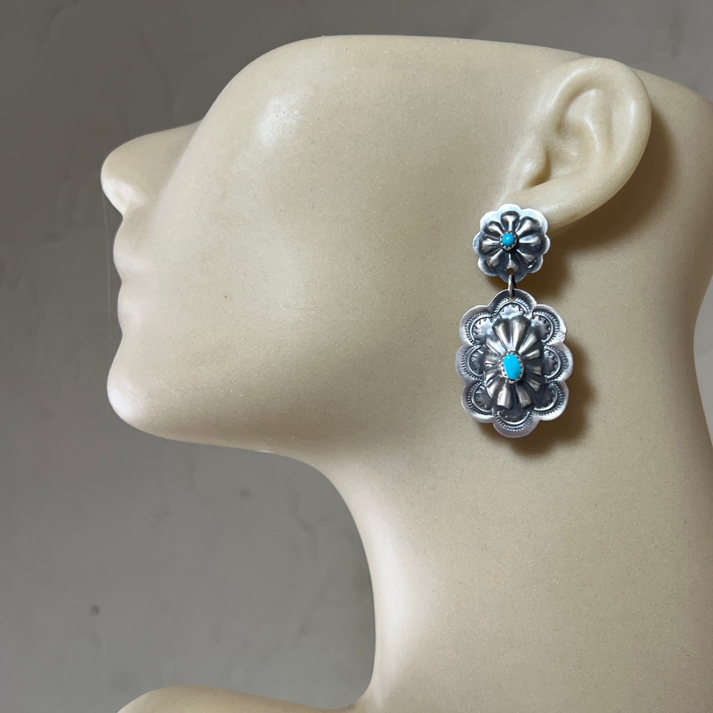 Turquoise stamped concho dangle earrings sterling silver Lavina Benally Navajo 715