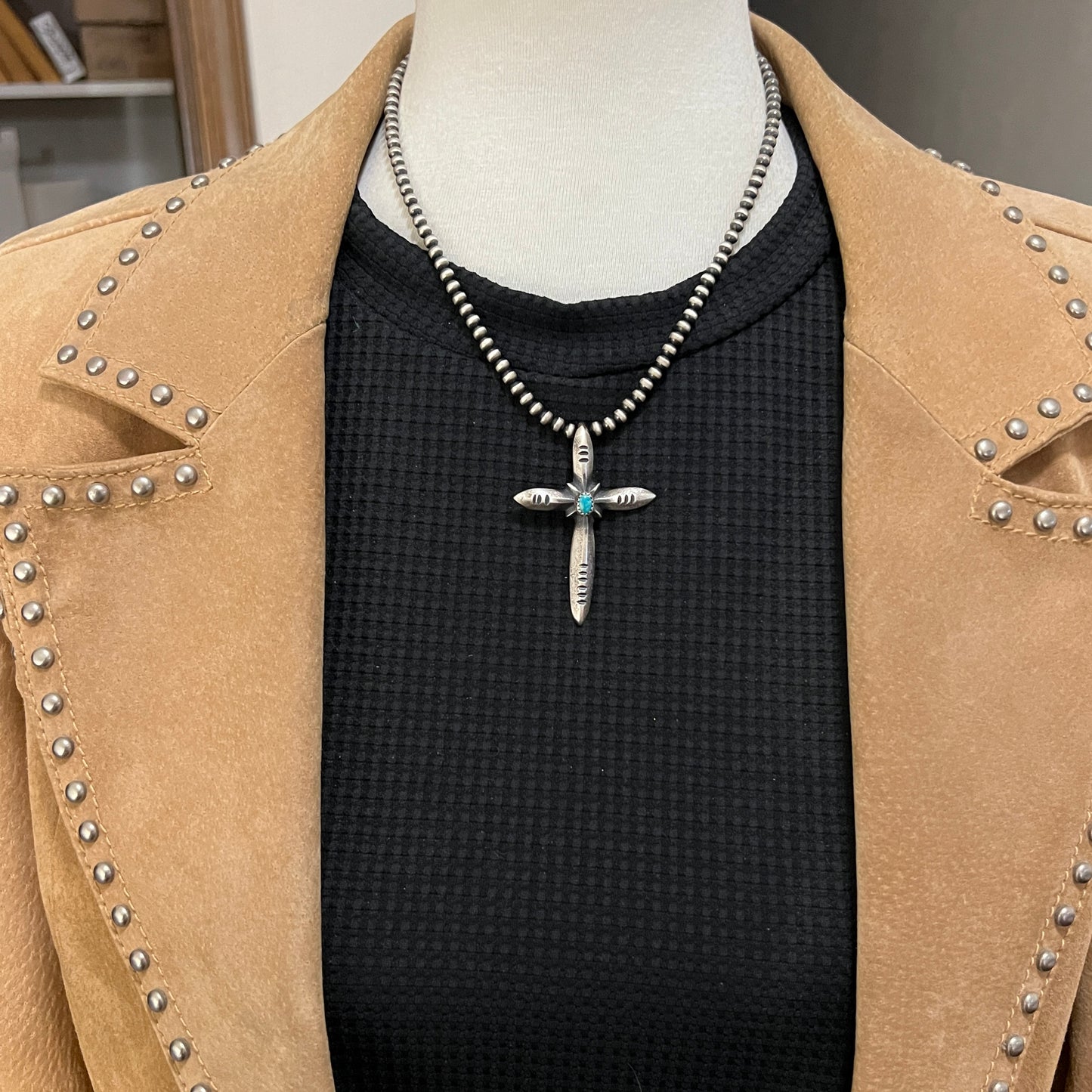 Narrow Turquoise Cross Pendant Sterling Silver Navajo handmade Martha Cayatineto