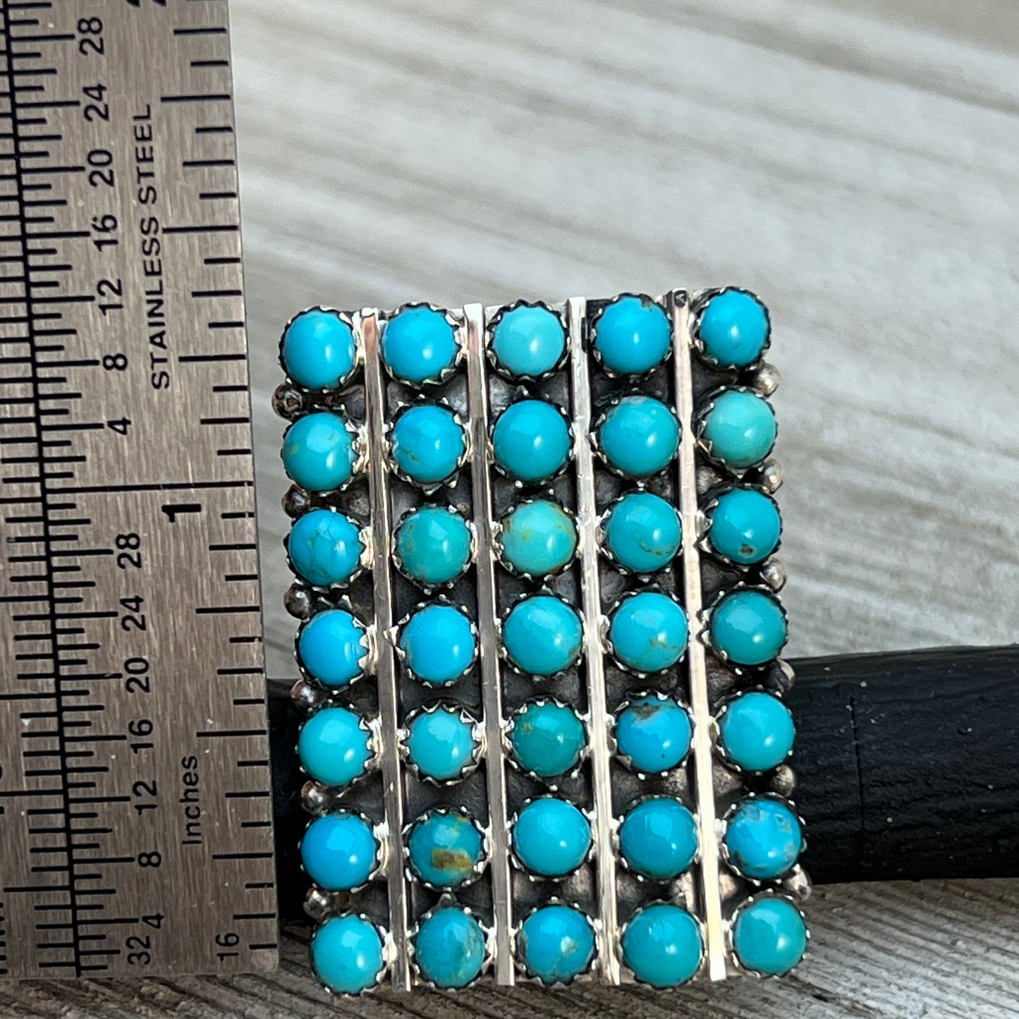 Size 7.75 Turquoise Zuni Snake Eye Dot Row Ring Kenny Lonjose Sterling Silver