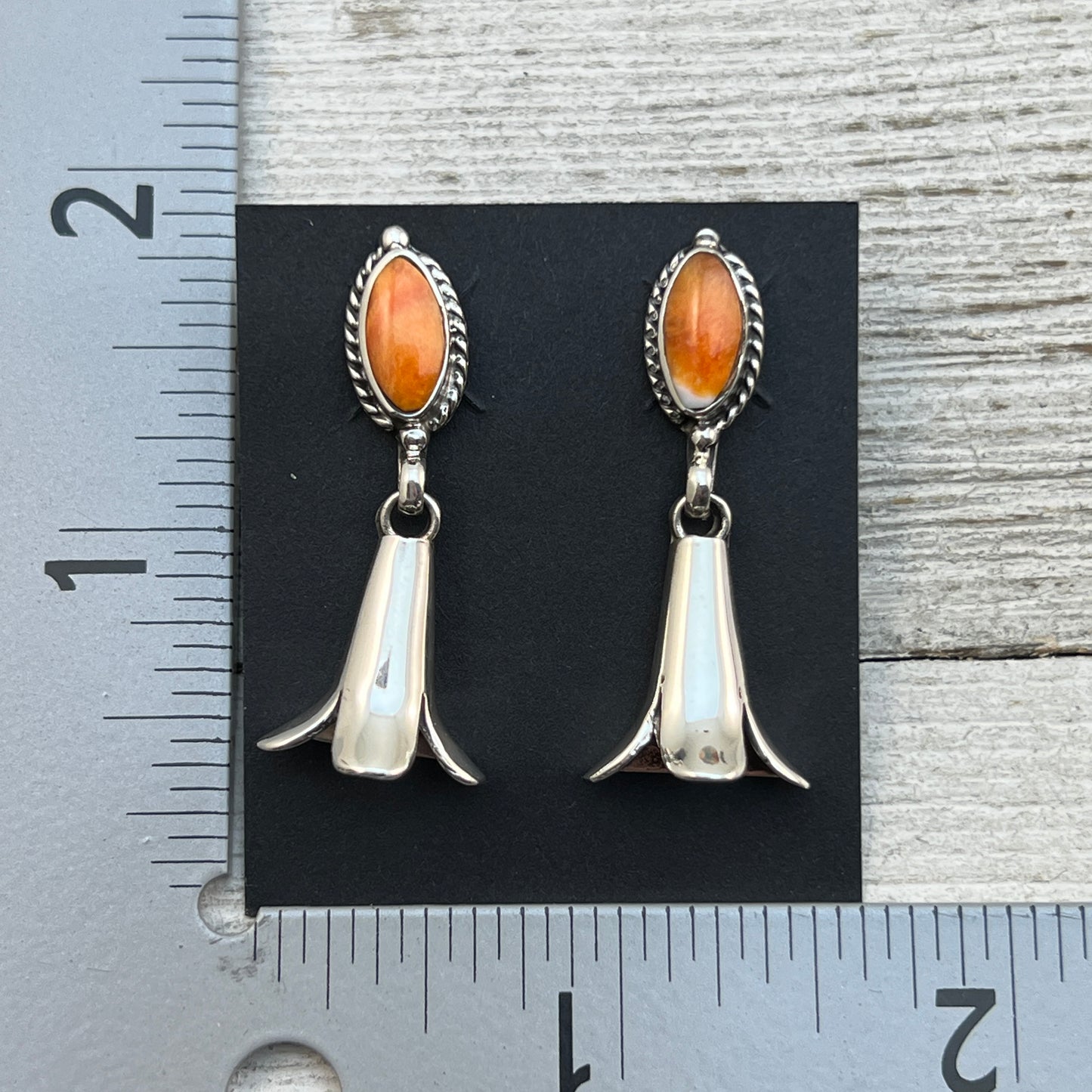 Orange Spiny Squash Blossom dangle earrings sterling silver turquoise Sheena Jack 411