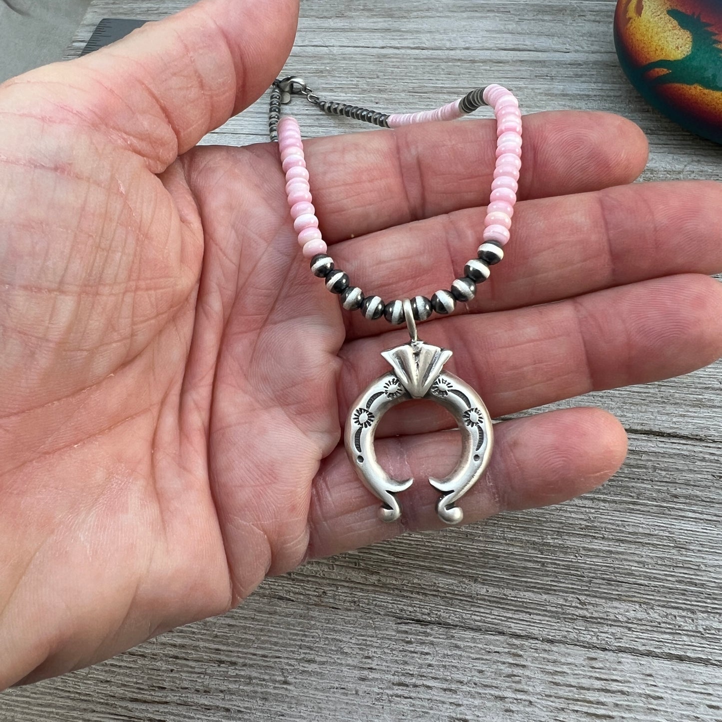 16”, 4mm Pink Conch Shell beads Naja pendant necklace sterling silver Southwest Pearls