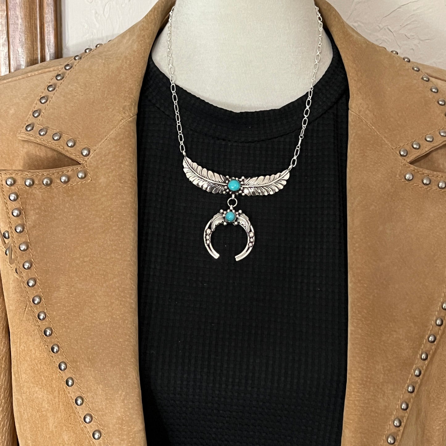 Real 925 sterling silver Campitos Turquoise Naja Floral Bar Necklace Light Blue Turquoise 831