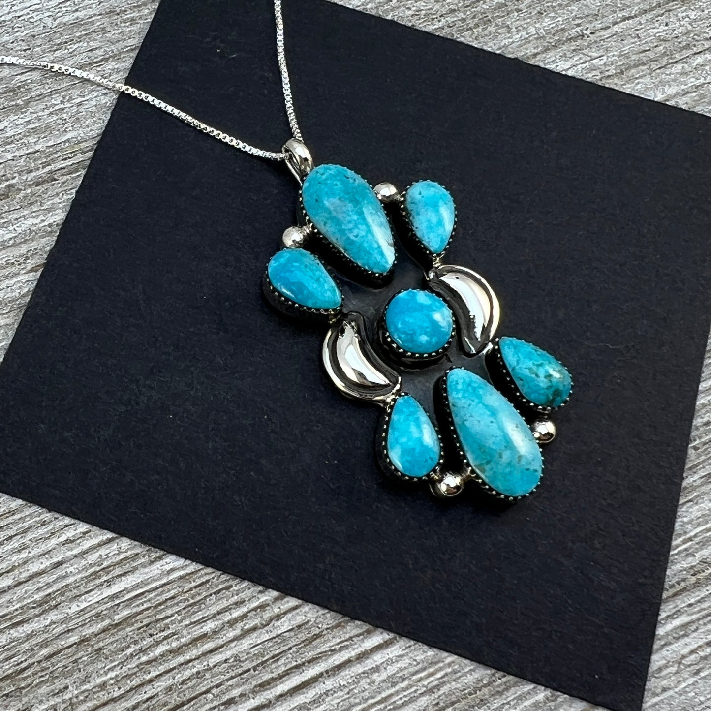 18" blue turquoise cluster necklace pendant Sterling silver Navajo handmade Marie Bahe 5