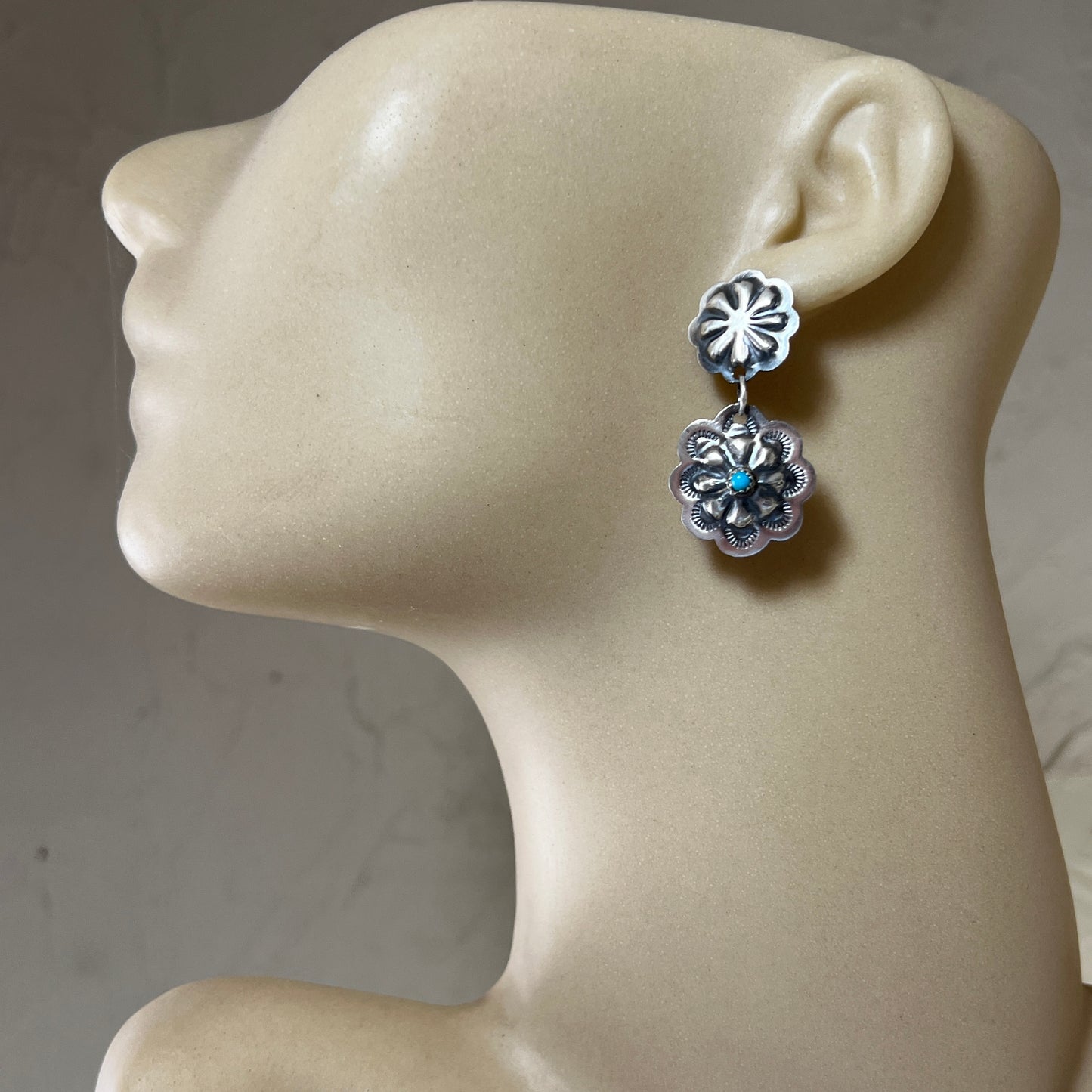 Turquoise stamped concho dangle earrings sterling silver Lavina Benally Navajo 714