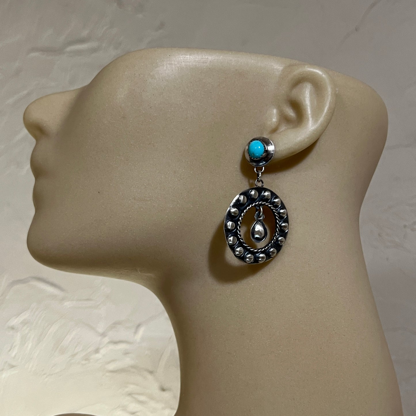 Navajo hand stamped turquoise hoop earrings sterling silver Gabrielle Yazzie