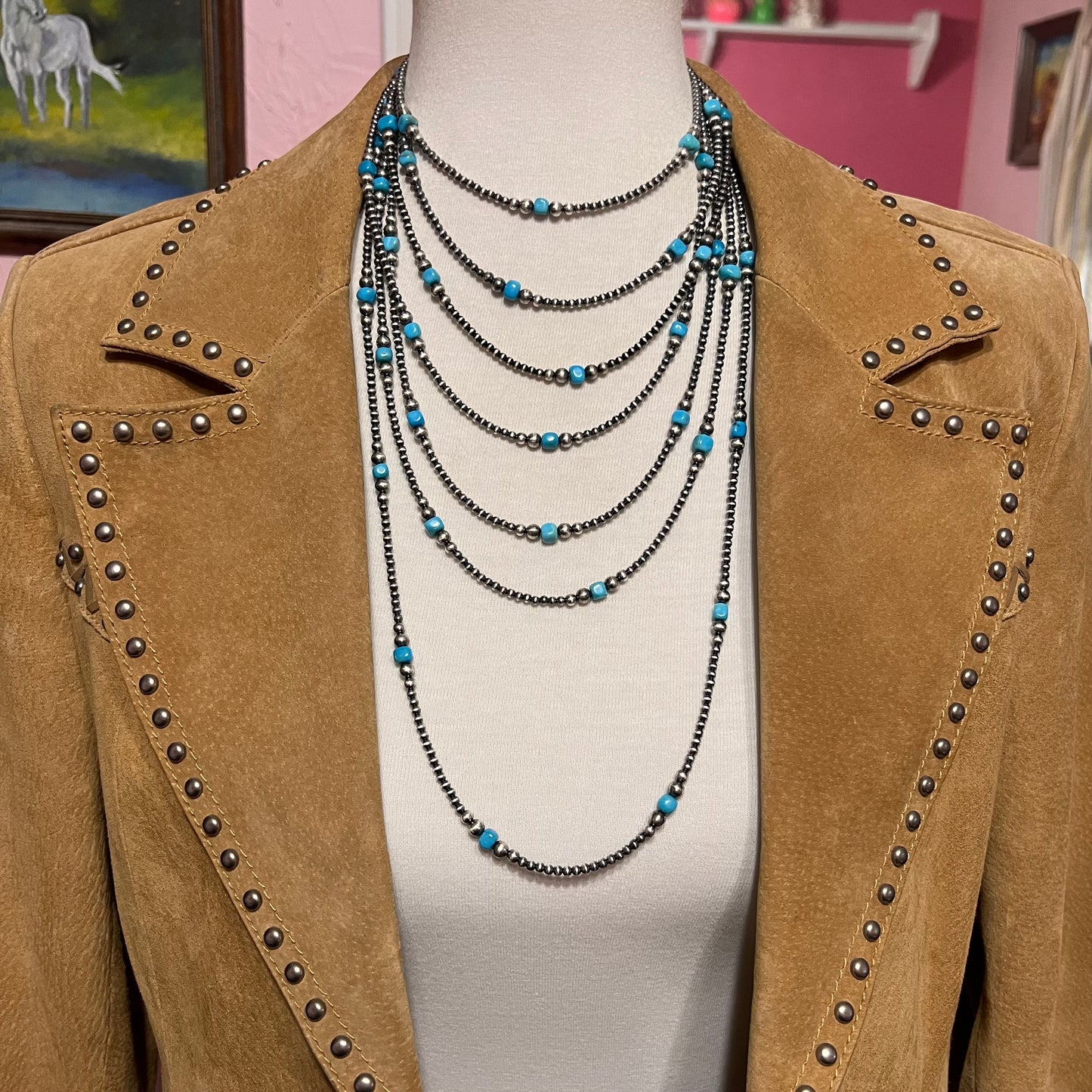 Turquoise with 3mm - 5mm graduated Sterling Silver Pearls Bead Necklace, Oxidized Silver, Western Jewelry Southwest Pearls