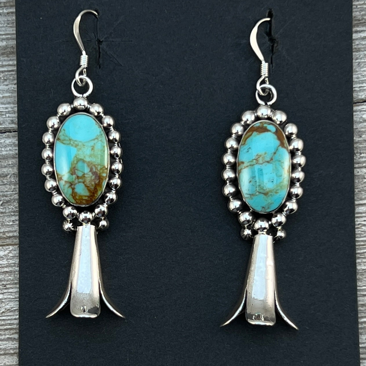 Blue Kingman Turquoise squash blossom earrings sterling silver Navajo Charlene Yazzie 458