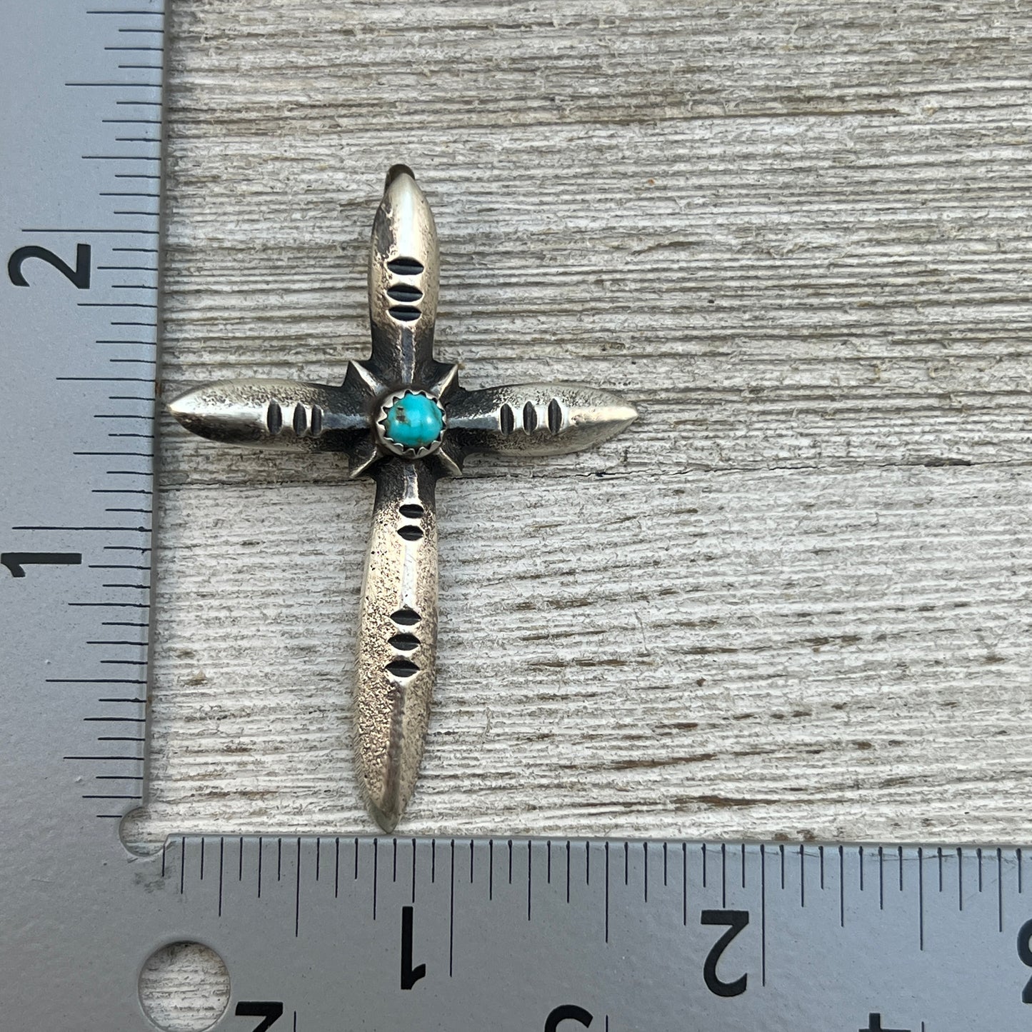 Narrow Turquoise Cross Pendant Sterling Silver Navajo handmade Martha Cayatineto