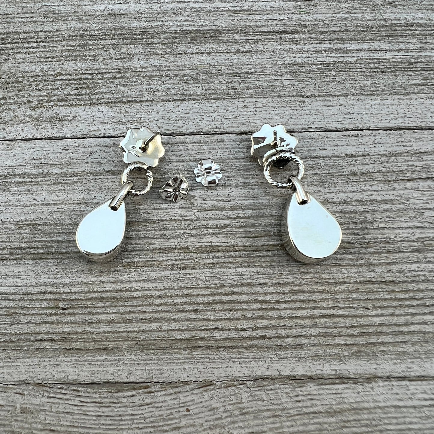 Turquoise teardrop dangle earrings #2, with small concho button post, sterling silver, Kingman Turquoise, Navajo handmade by Sheena Jack