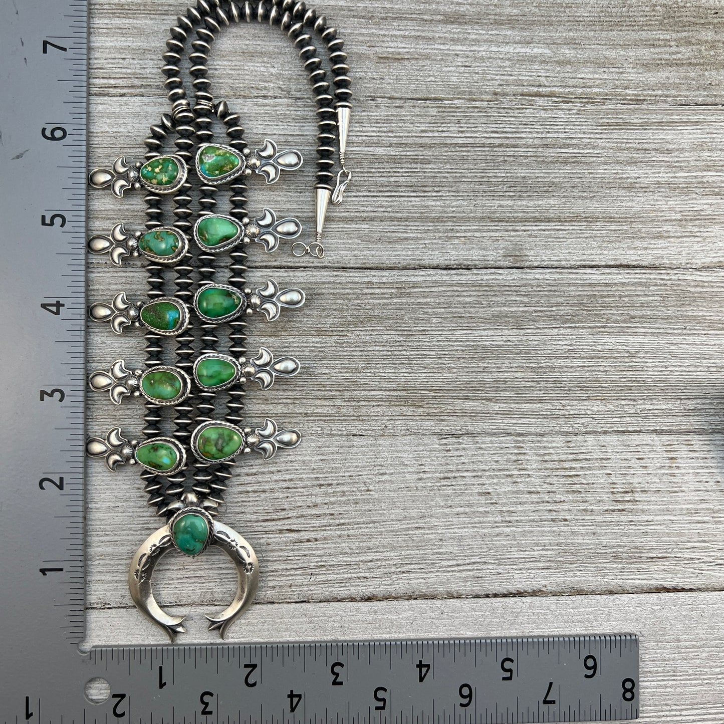 Sonoran Gold Green Turquoise Small Squash Blossom Necklace, Adrienne Gordon Navajo 1