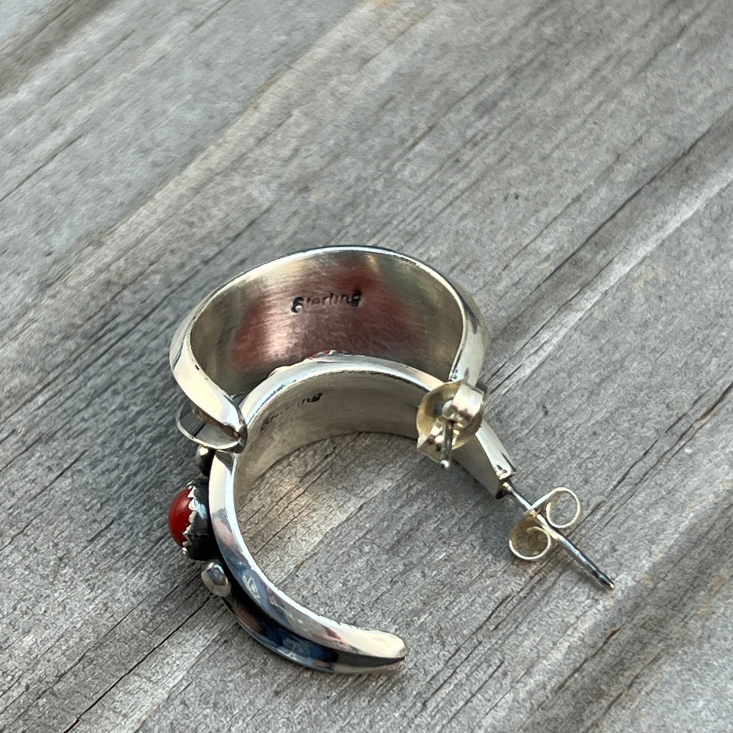 7/8" Turquoise Red Coral Hoop Earrings Navajo handmade by Paul Largo sterling silver 645