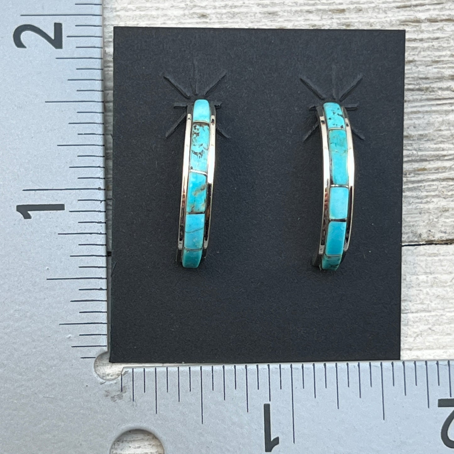 Small Turquoise 7/8" narrow turquoise zuni hoop earrings sterling silver Gloria Waseta 421