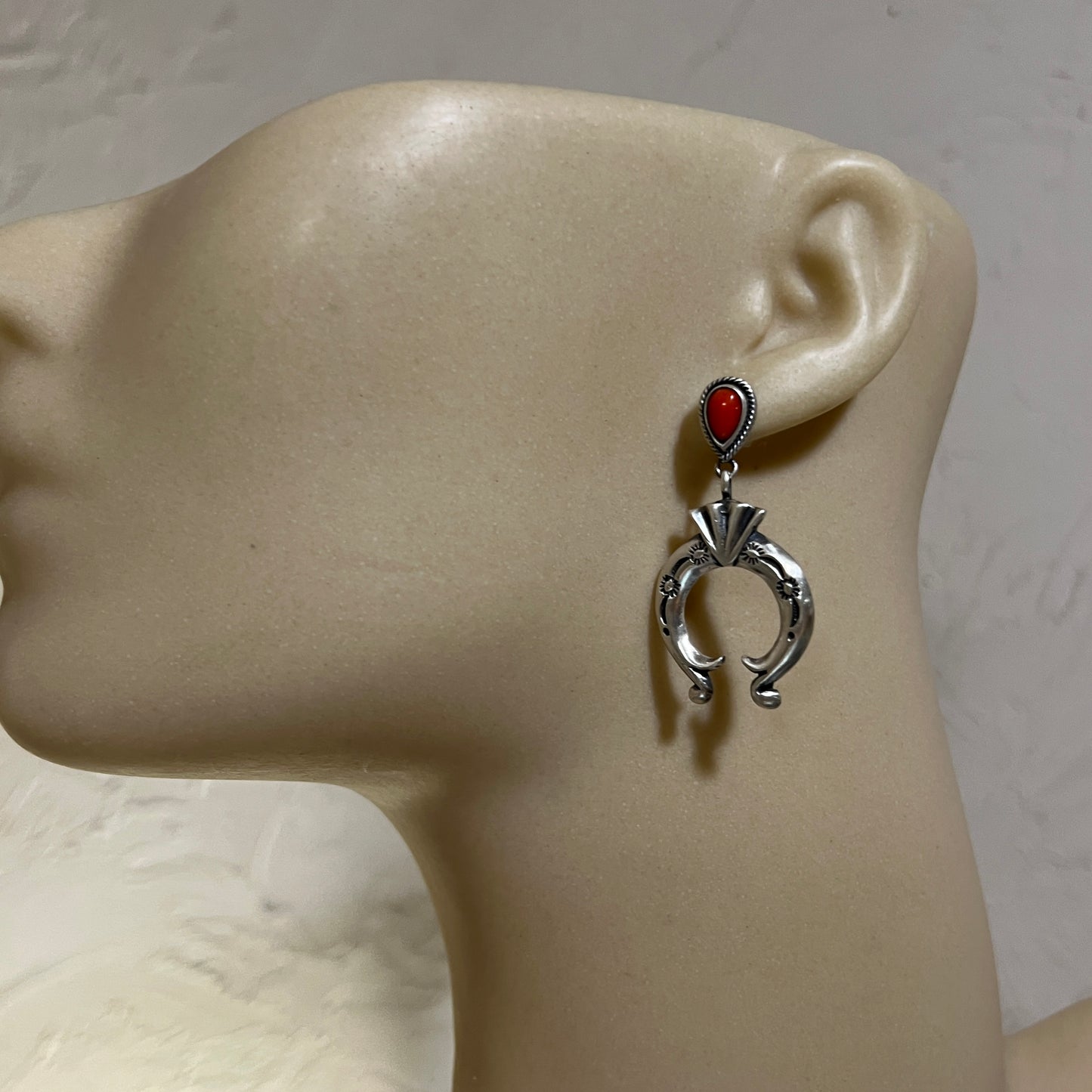 Mediterranean red coral dangle Naja earrings sterling silver Navajo Paige Gordon