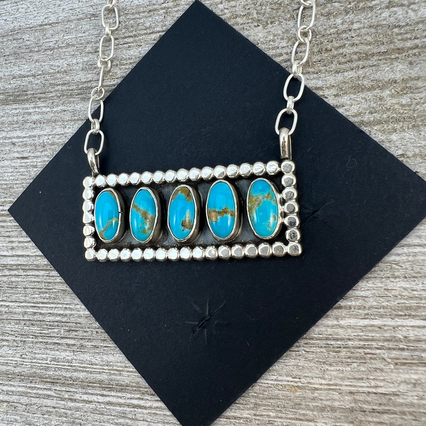 18" Blue Campitos turquoise rectangle bar necklace #6, Navajo handmade, sterling silver