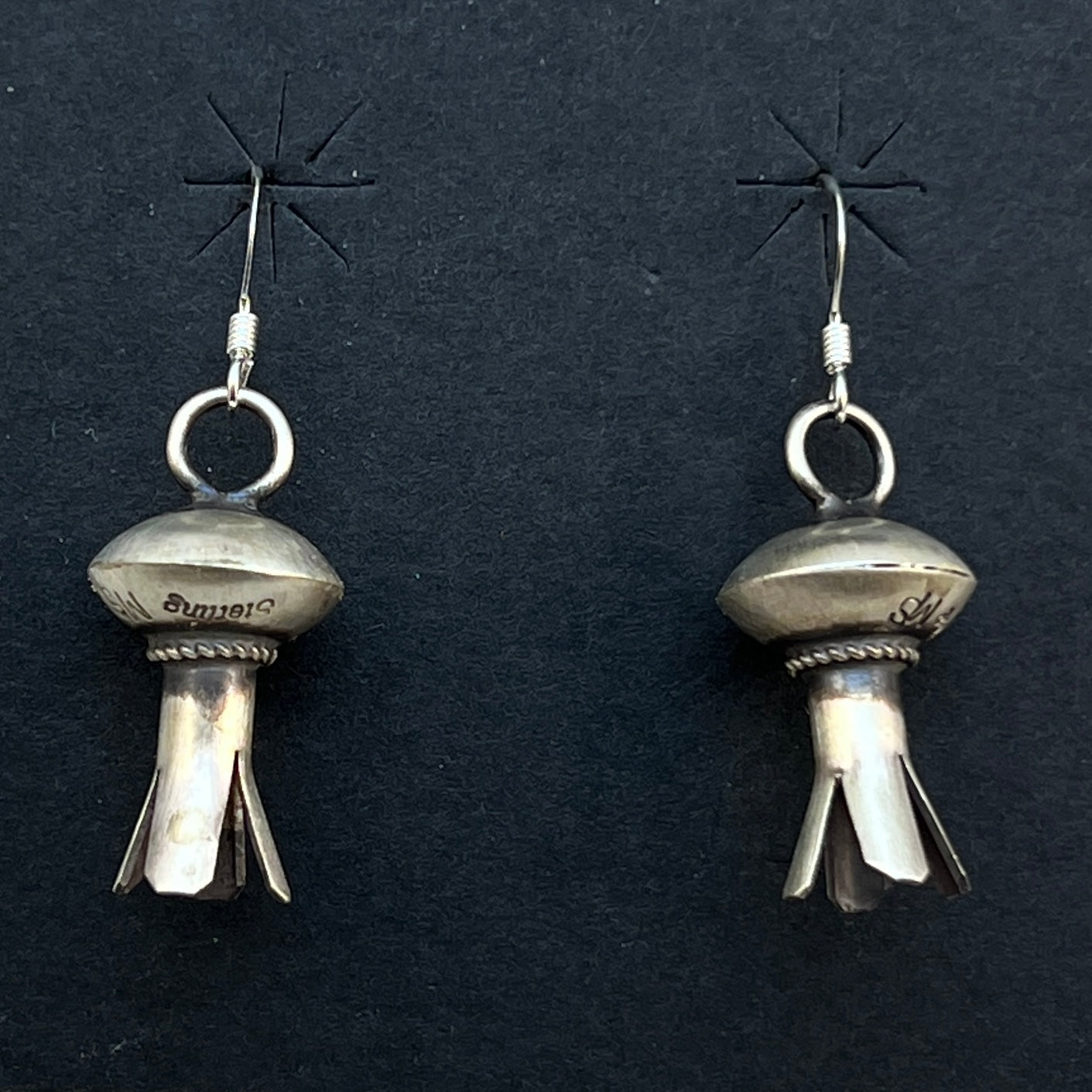 Small lightweight all silver squash blossom dangle earrings Sterling silver Monica Smith
