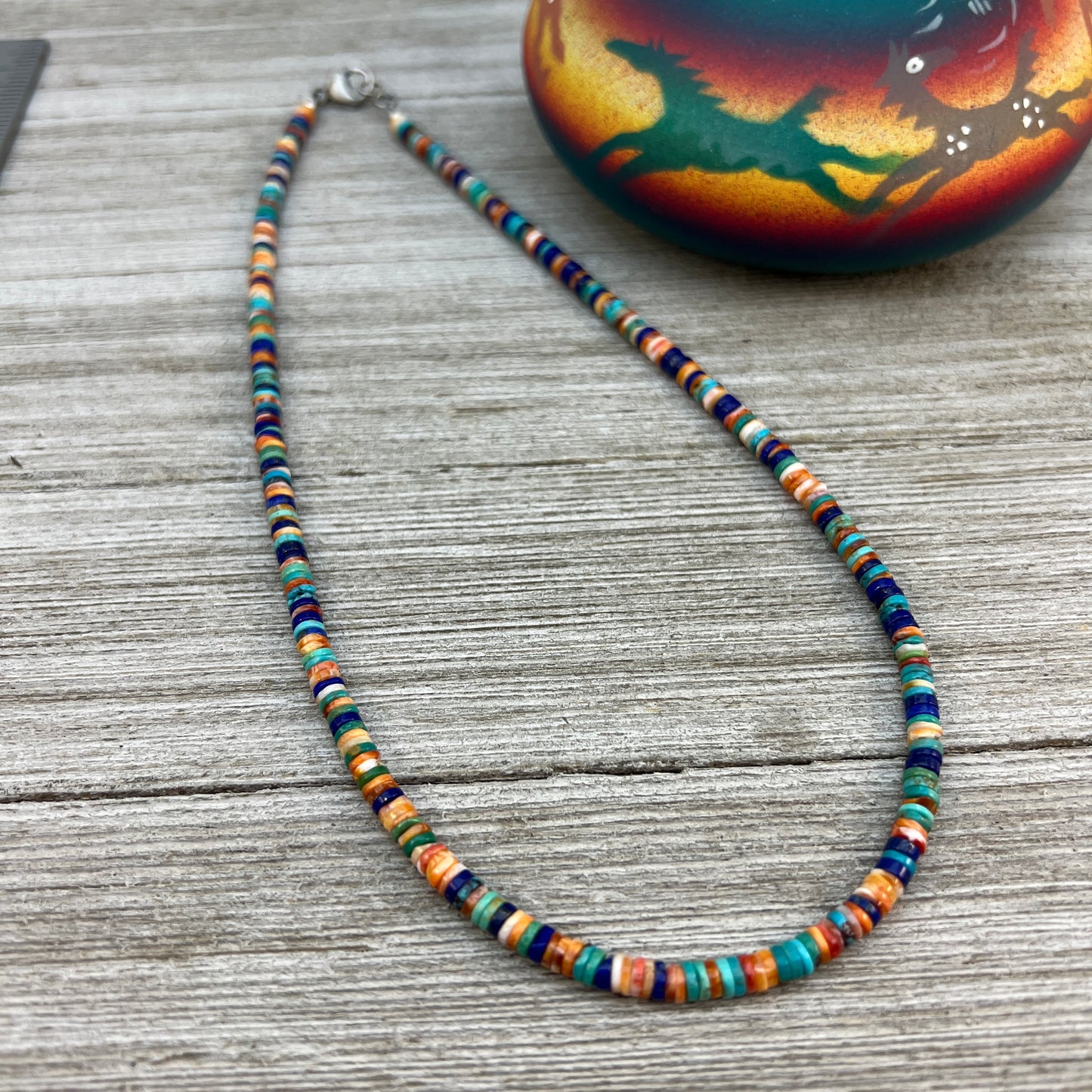 17", 4mm heishi bead necklace choker, blue turquoise lapis red orange spiny oyster shell