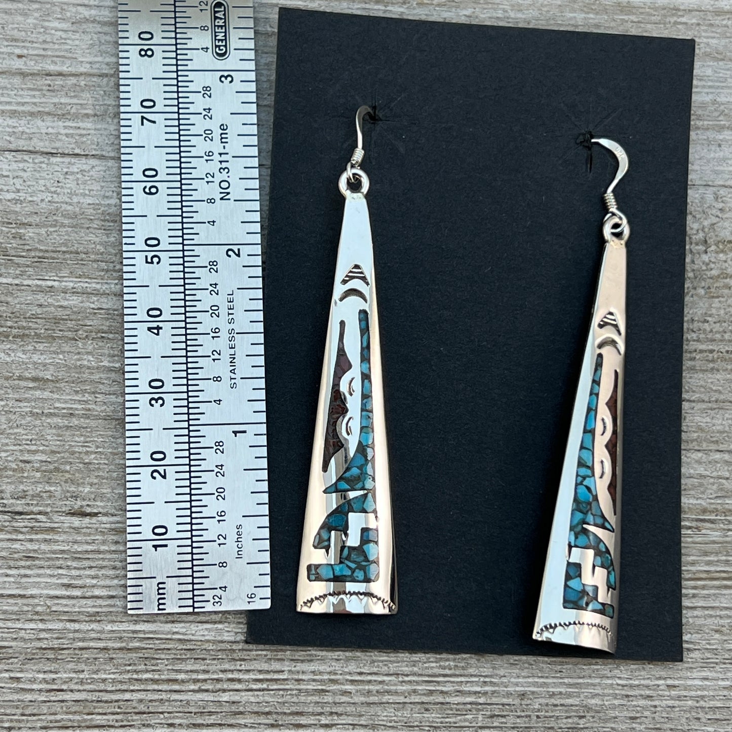 Turquoise coral chip inlay long earrings Navajo handmade signed Jolene Yazzie 1