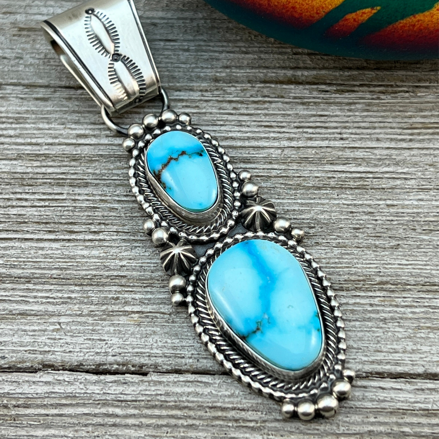 Beautiful Blue Kingman Turquoise Pendant Navajo Sterling Silver Tom Lewis