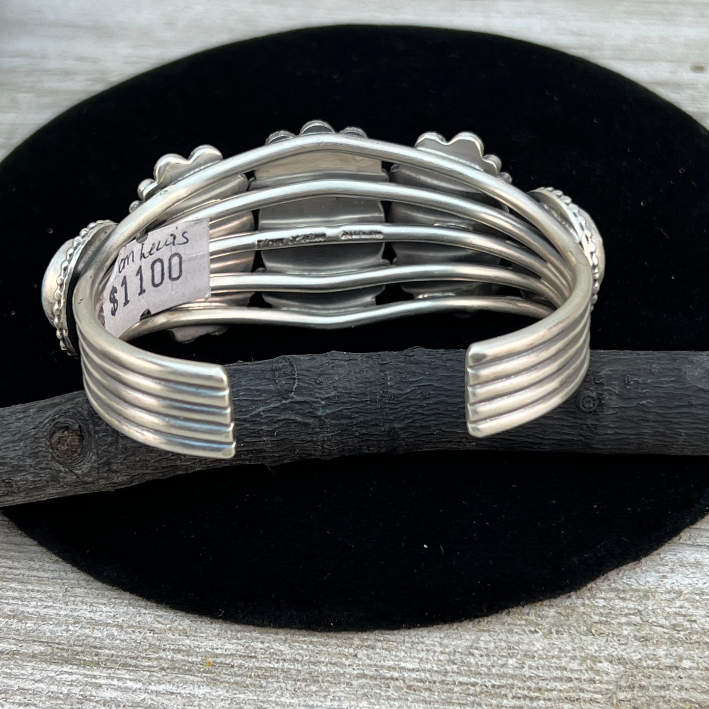 Blue Kingman turquoise cuff bracelet Navajo handmade signed, Tom Lewis sterling silver