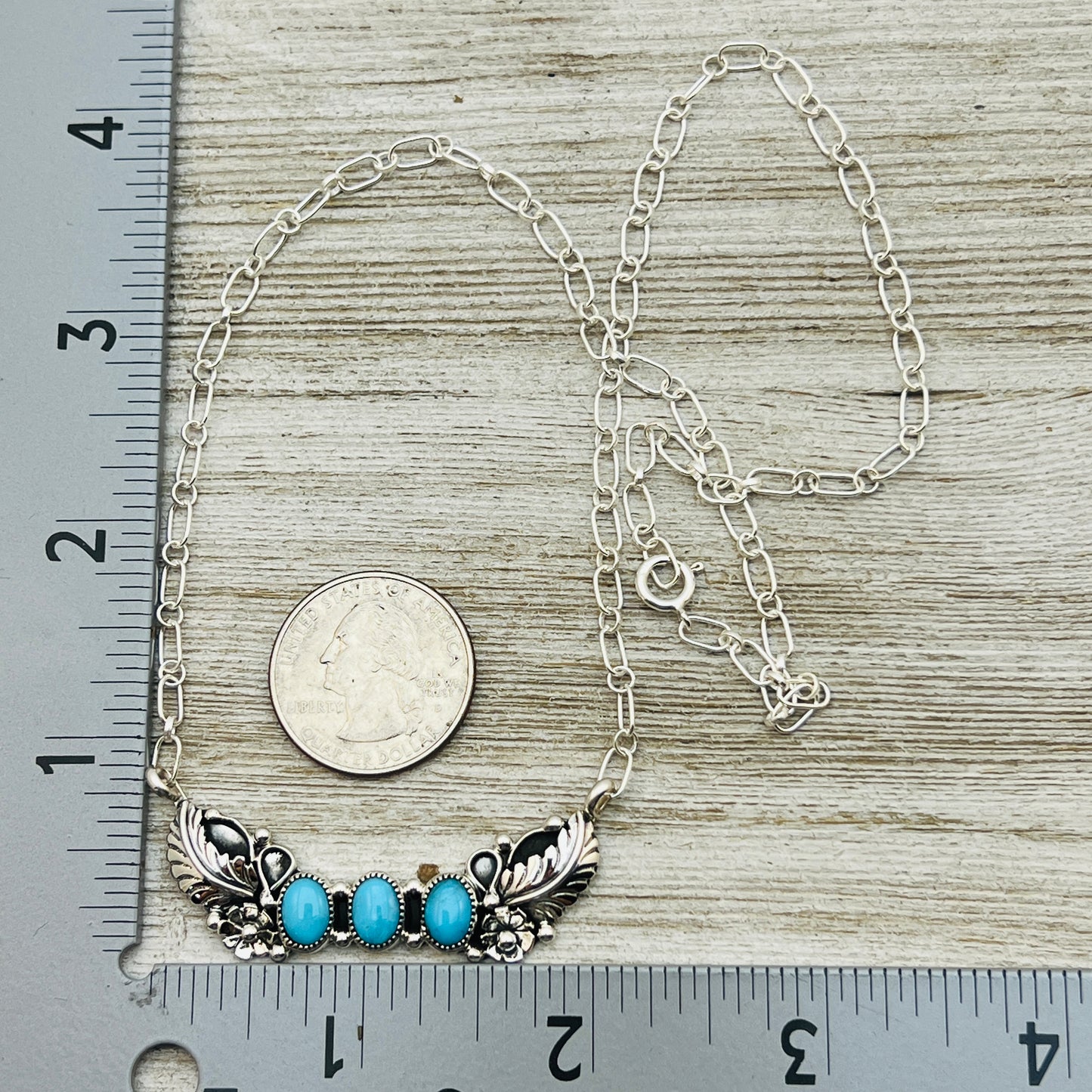 19" adjustable Blue Campitos 3 stone floral bar necklace Sterling Silver NK26