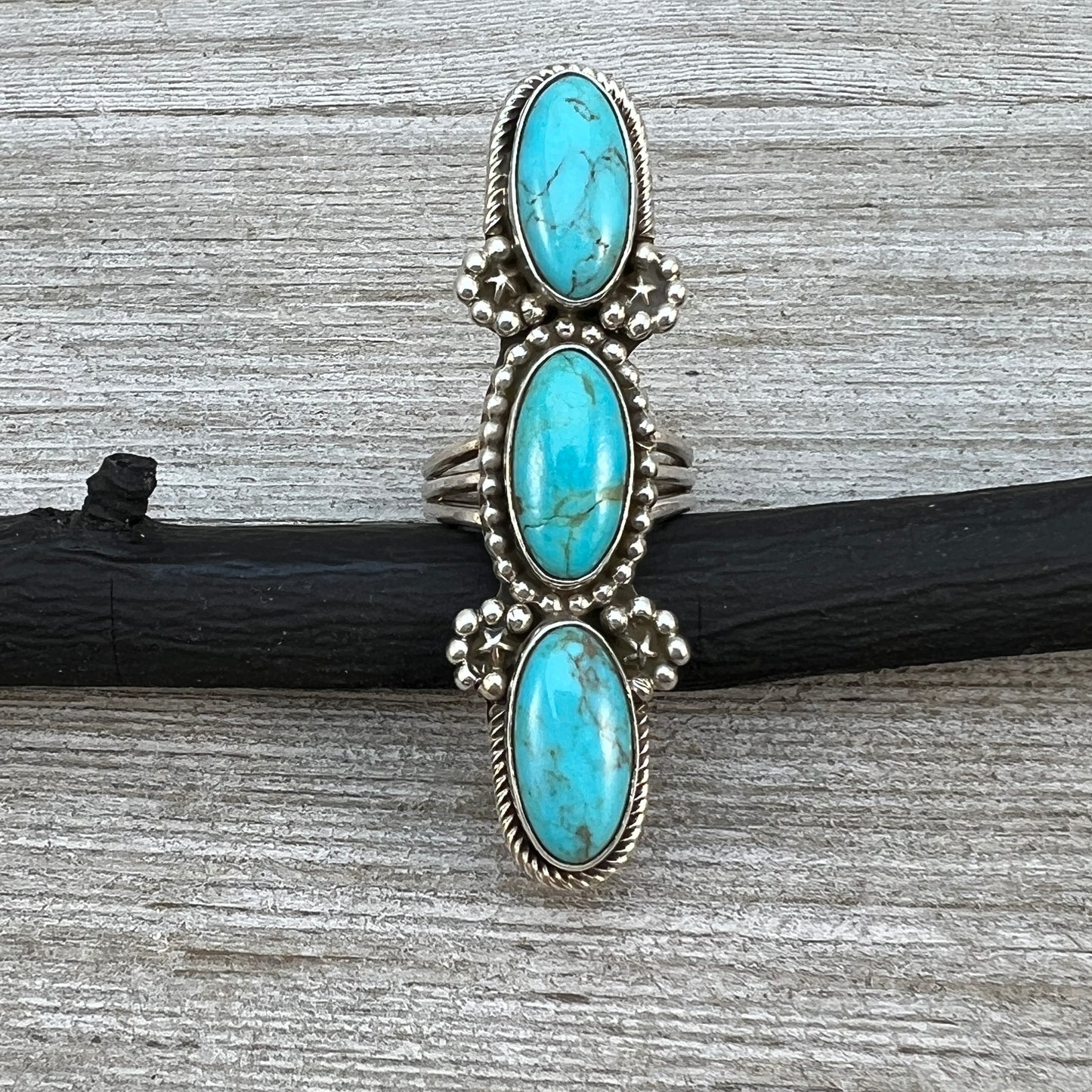 Size 8 Blue Campitos turquoise sterling silver long pointer ring Harold Becenti 489