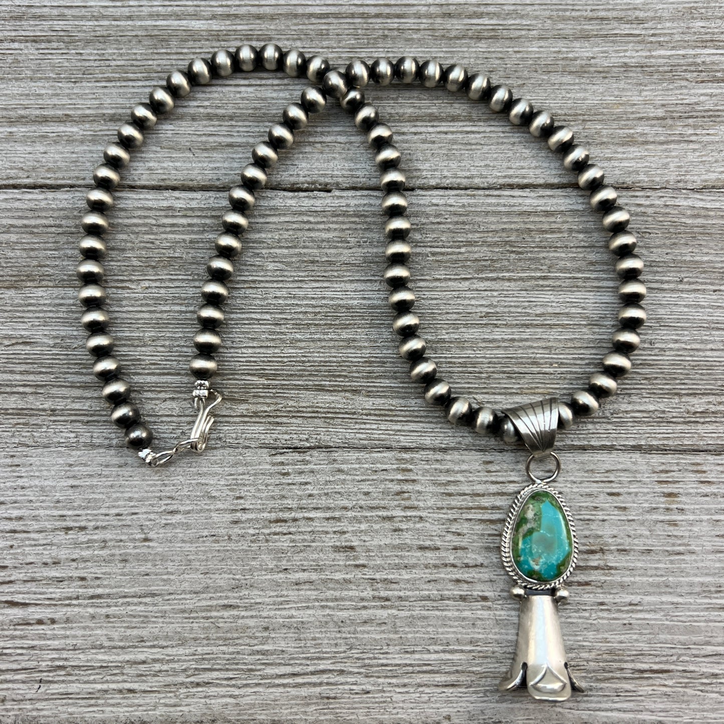 16" sterling silver Sonoran Gold Turquoise squash blossom necklace 5mm beads