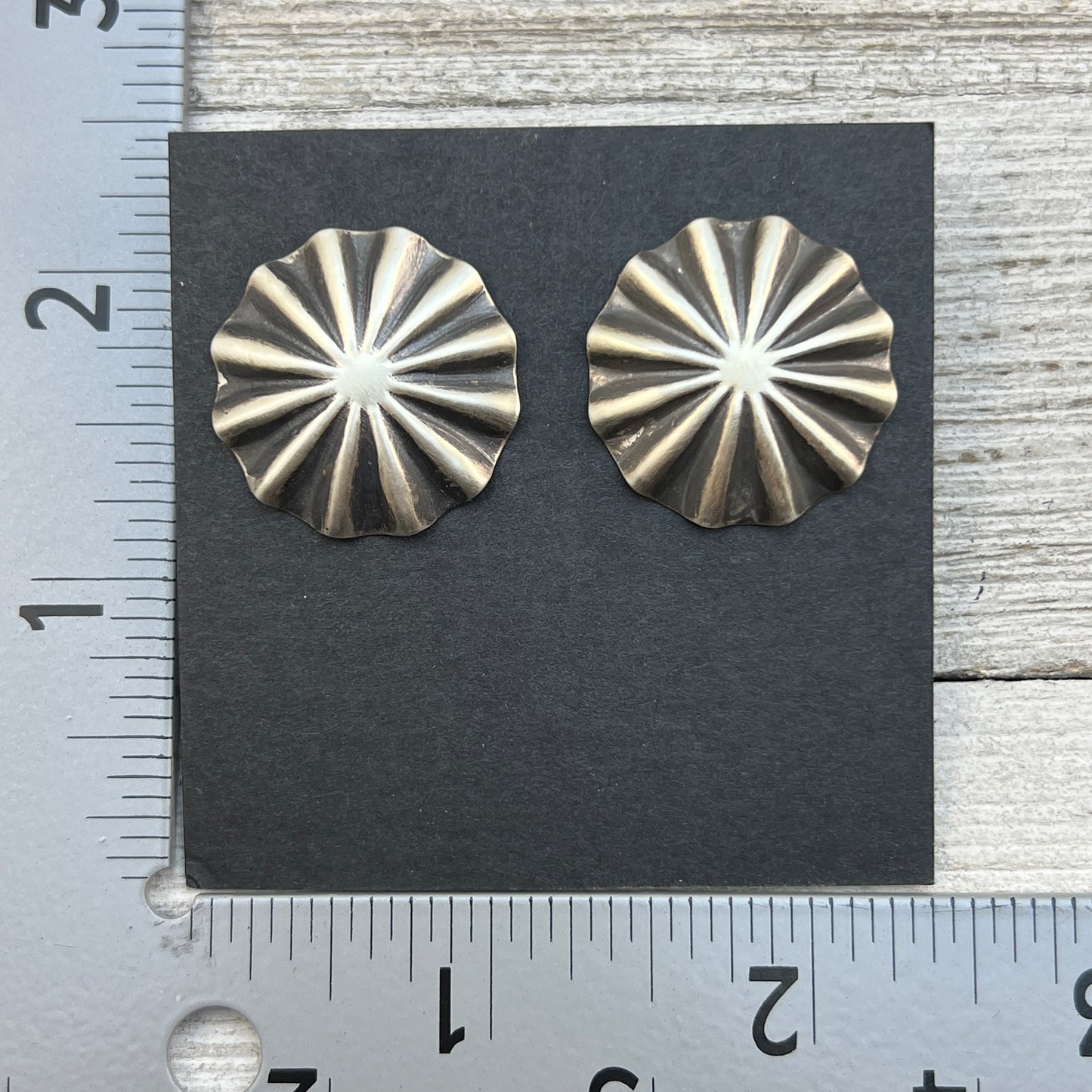 1" lightweight Corrugated hand stamped concho earrings Sterling silver Arlene Soce