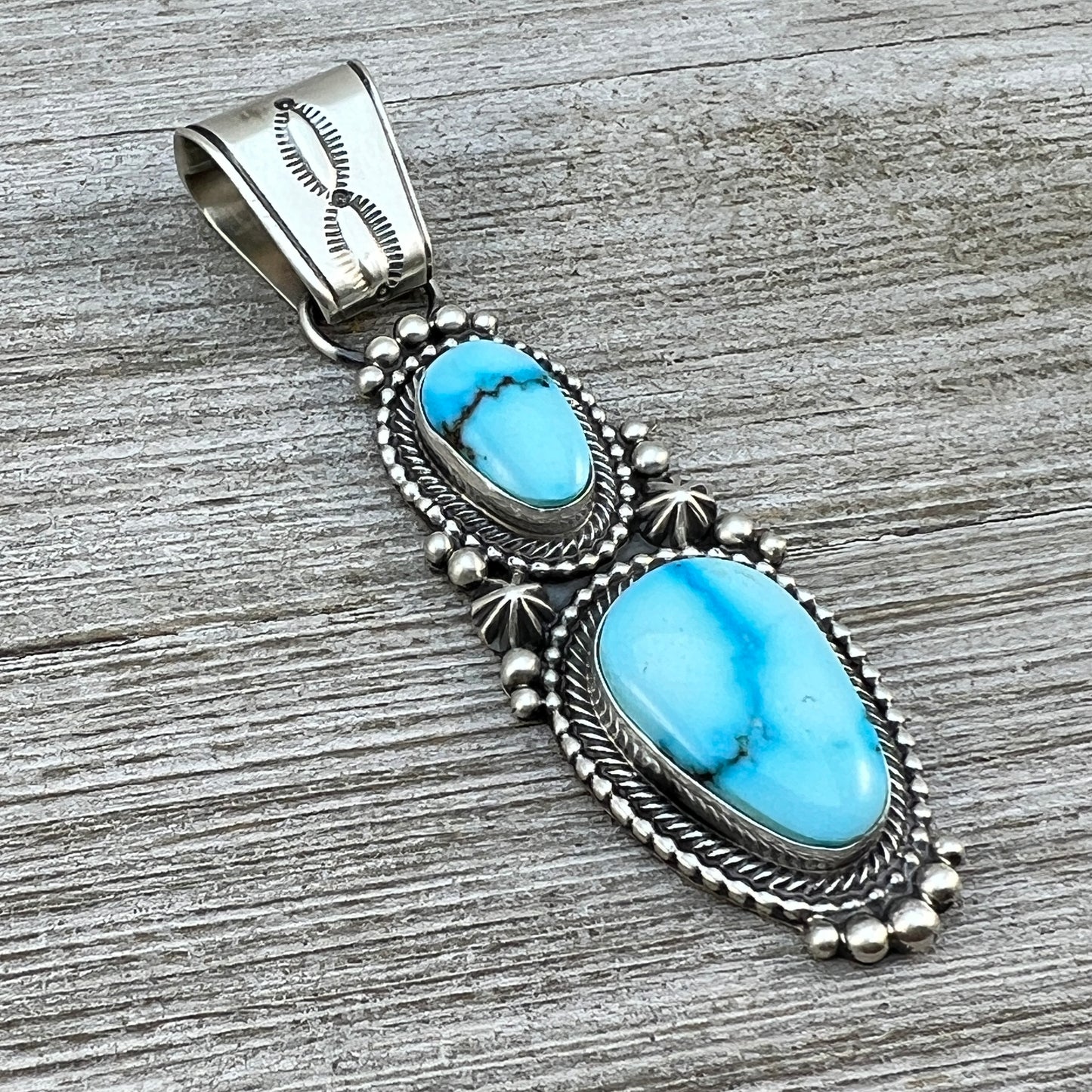 Beautiful Blue Kingman Turquoise Pendant Navajo Sterling Silver Tom Lewis