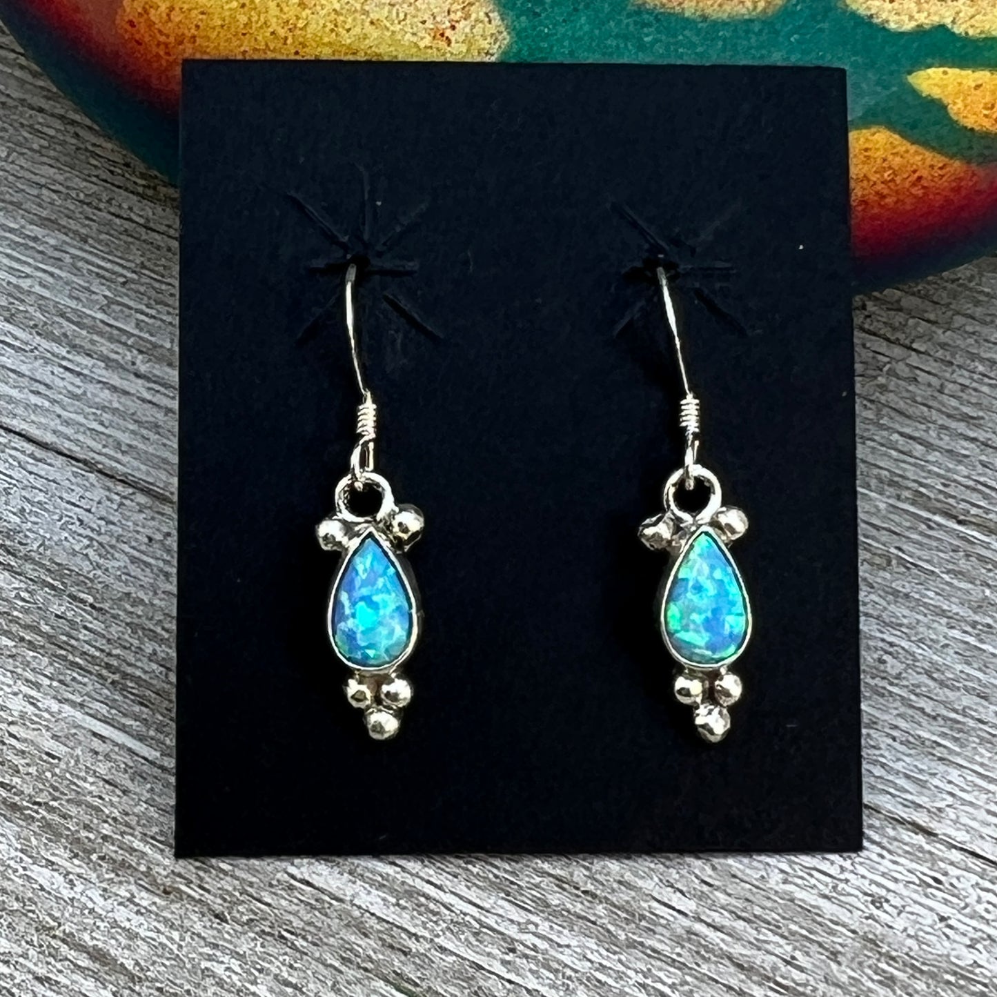 Dainty teardrop Blue Opal Dangle earrings, small handmade Sterling Silver