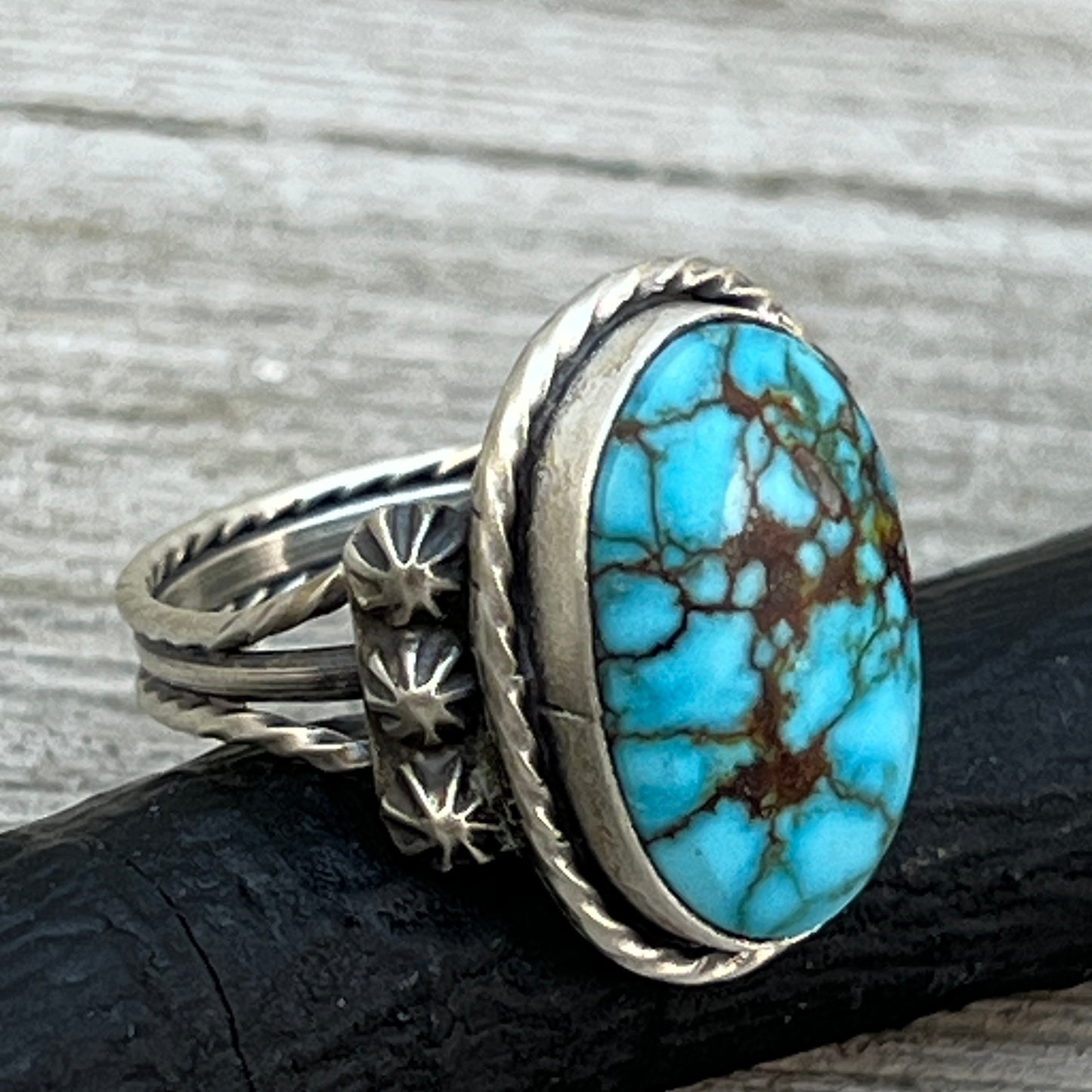 Size 7.75 Blue Kingman Turquoise Sterling Silver Ring Samuel Yellowhair Navajo