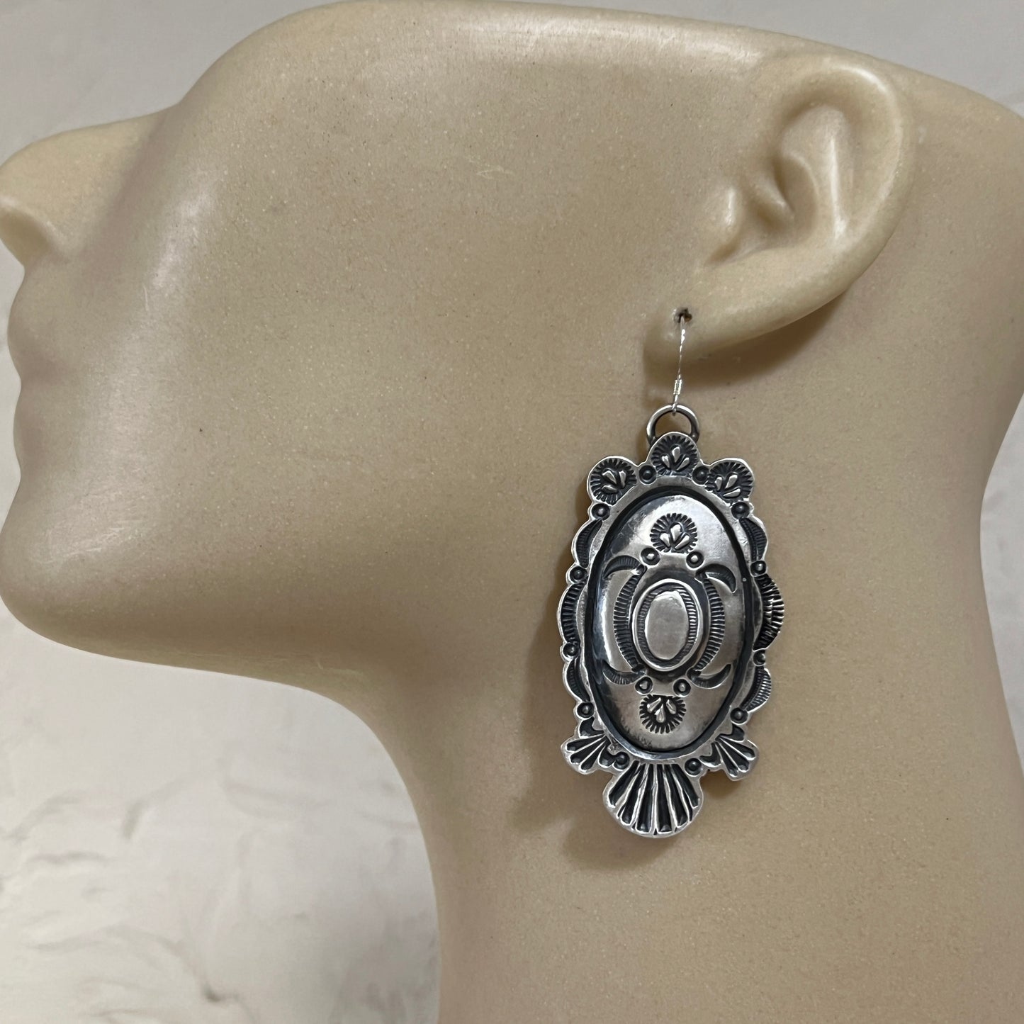 Hand Stamped oval concho earrings, sterling silver, Eva and Linberg Billah