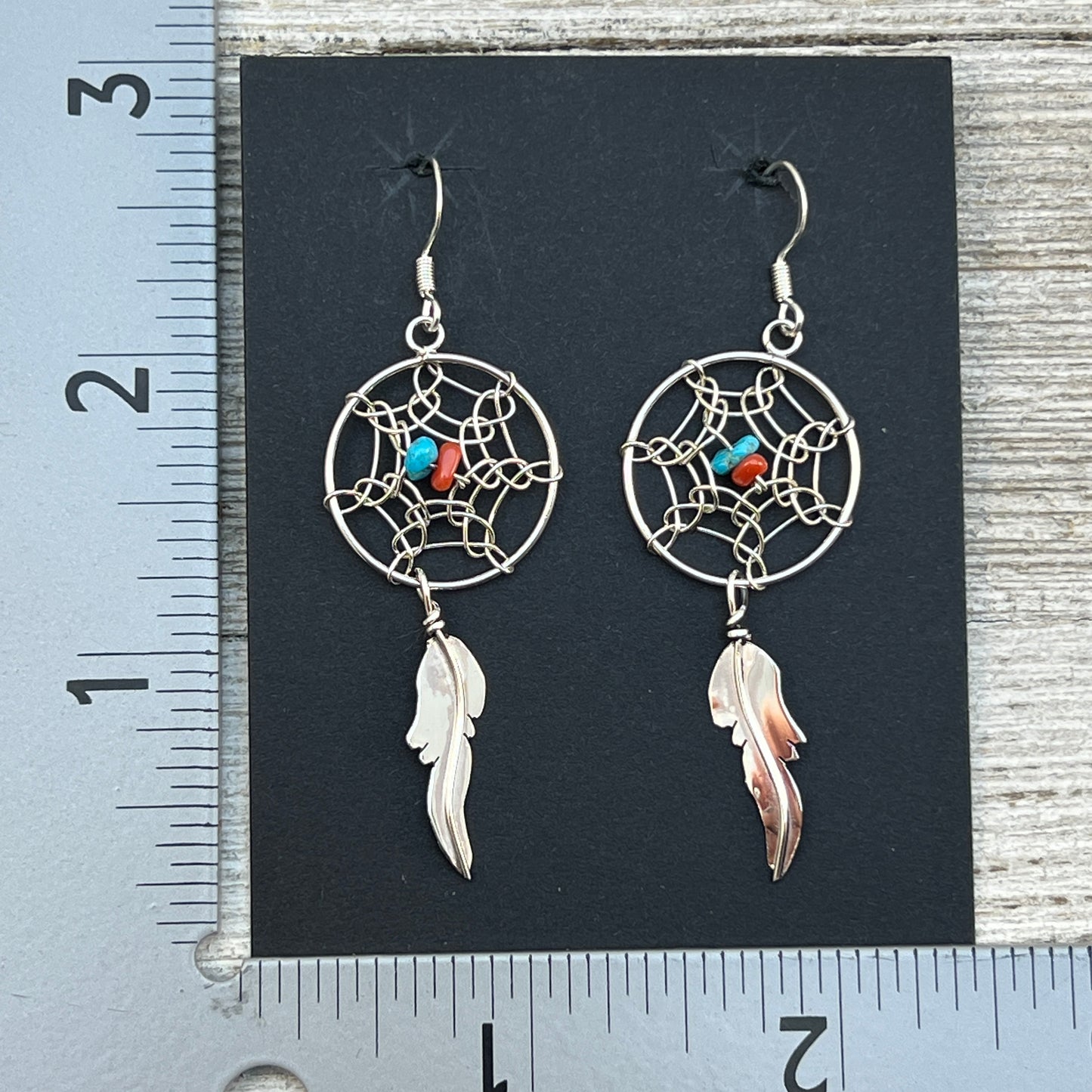 Turquoise Coral Dream catcher Dangle Earrings sterling silver Lorenzo Arviso lightweight