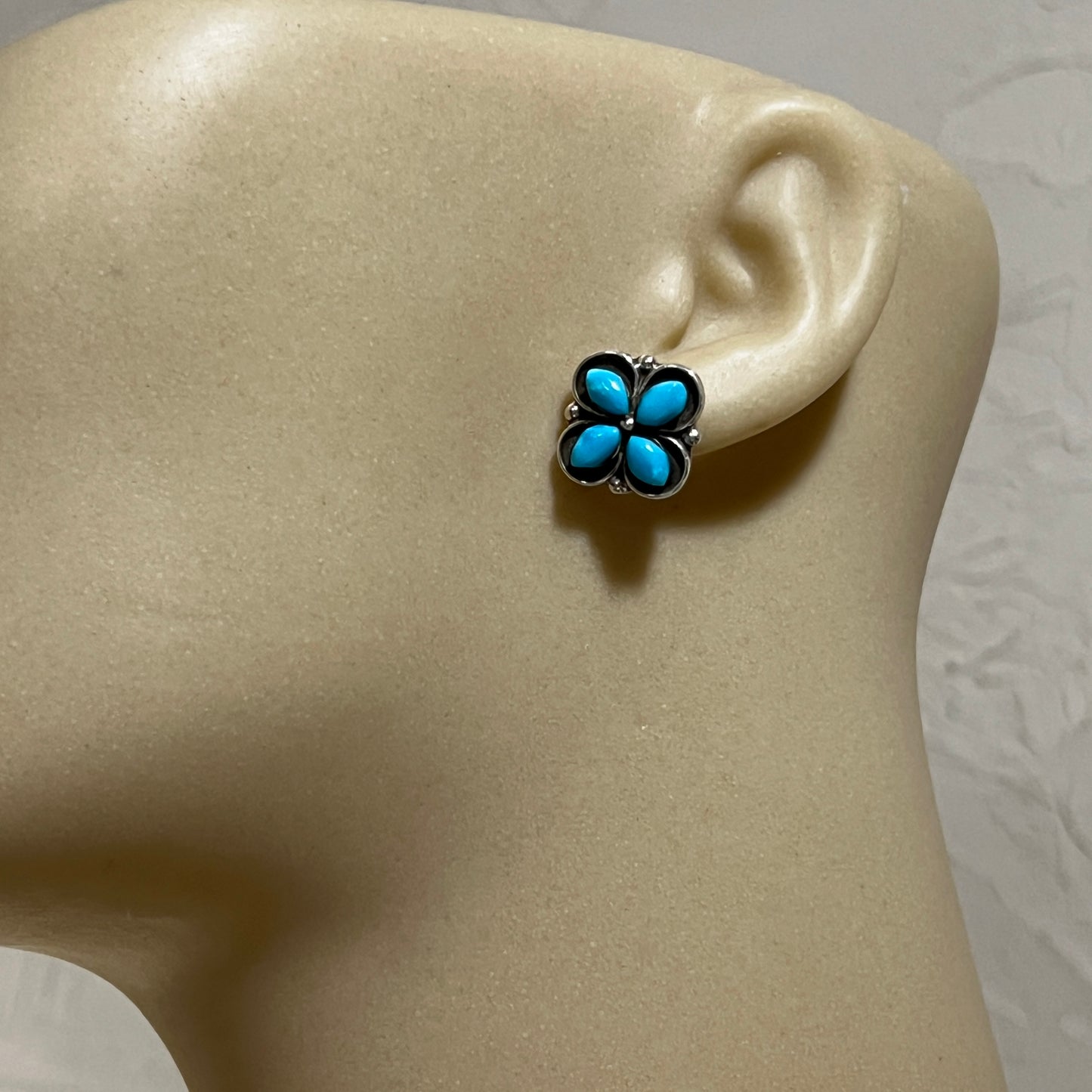 Zuni Turquoise Stud Earrings, Sterling Silver Handmade Kenneth Natewa signed