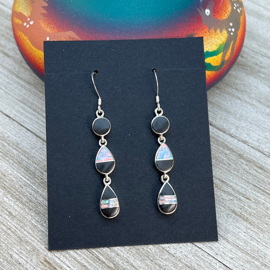 Elegant modern inlay dangle earrings Black Jet Opal Navajo handmade James Manygoats