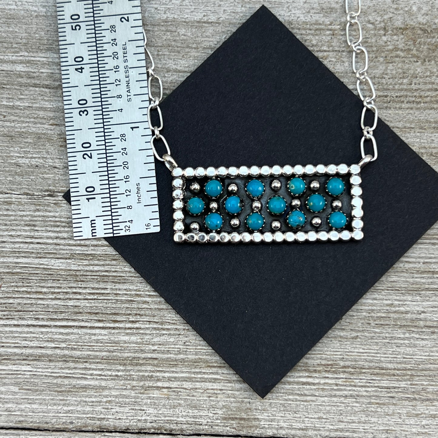 18" Zuni Snake Eye Dot Turquoise Sterling silver handmade Bar Necklace Kenny Lonjose 2