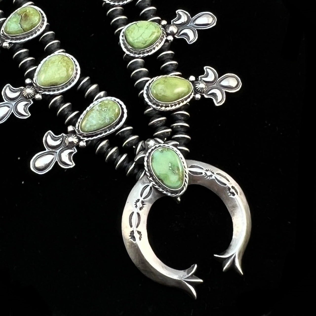 Sonoran Gold Green Turquoise Small Squash Blossom Necklace, Adrienne Gordon Navajo 2
