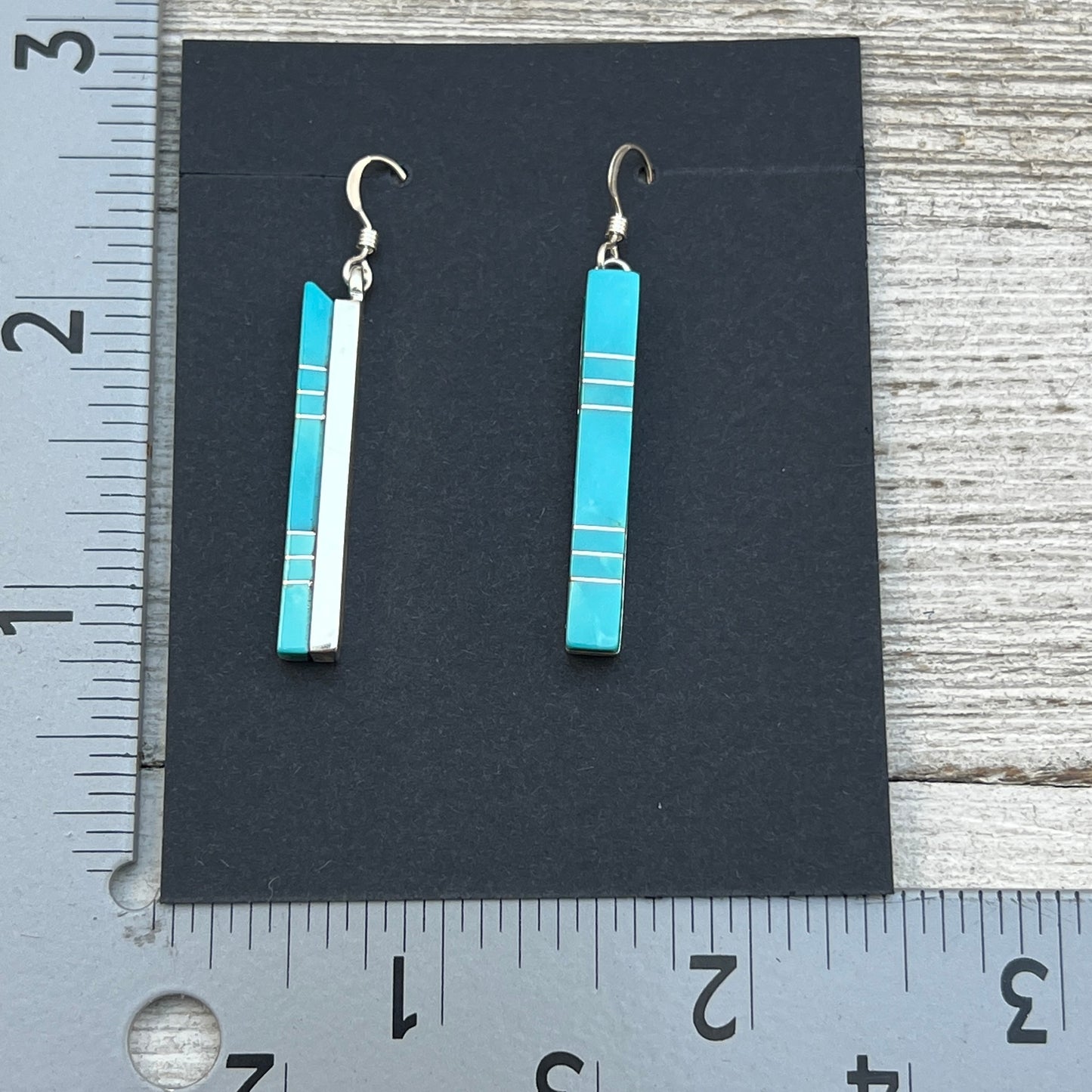Modern Blue Turquoise inlay bar dangle earrings 4 sterling silver Zuni MaDerral Kallestewa