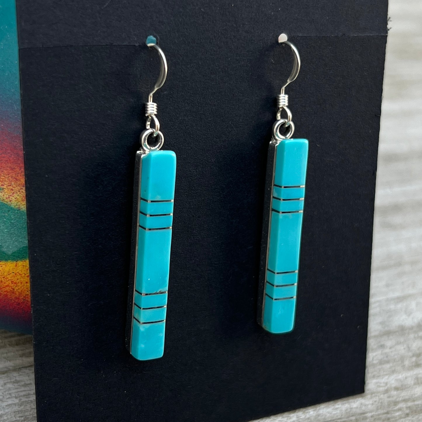 Modern Blue Turquoise inlay bar dangle earrings 1 sterling silver Zuni MaDerral Kallestewa