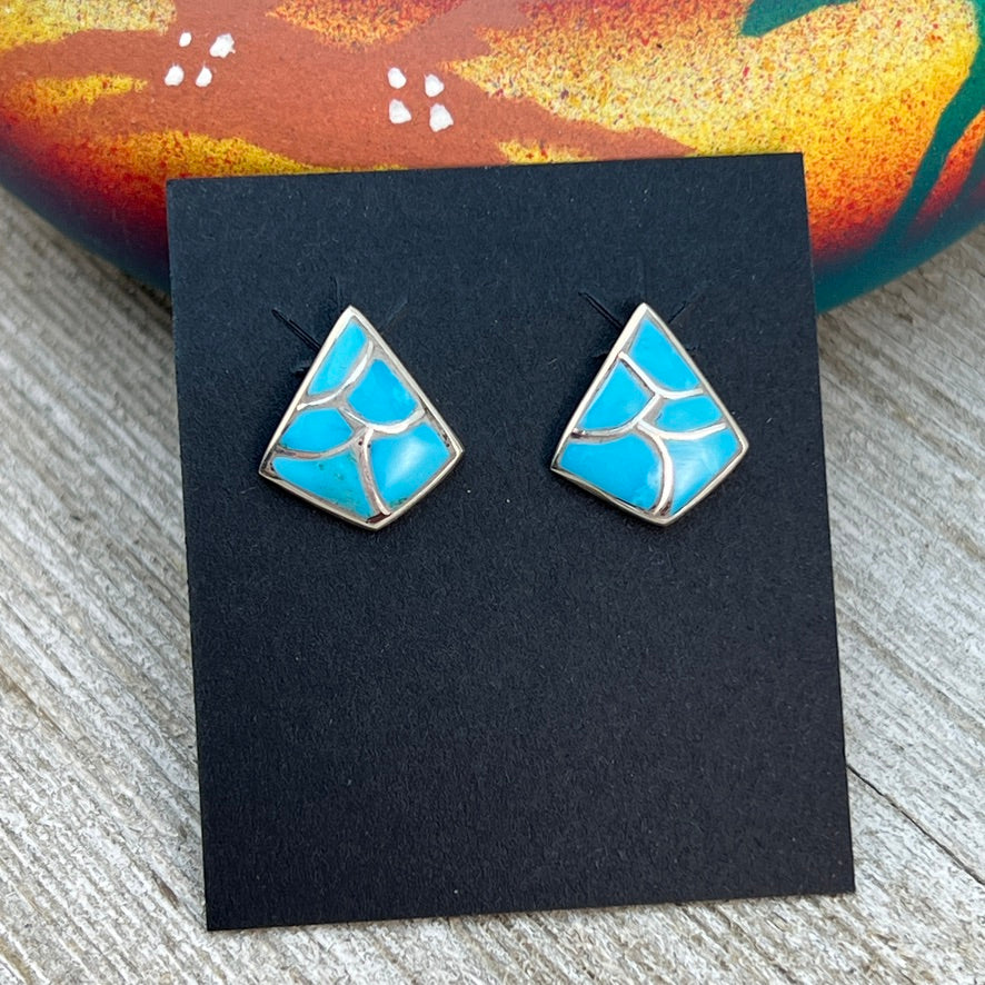 Small Zuni Fish scale inlay turquoise stud post earrings, Orena Leekya 2